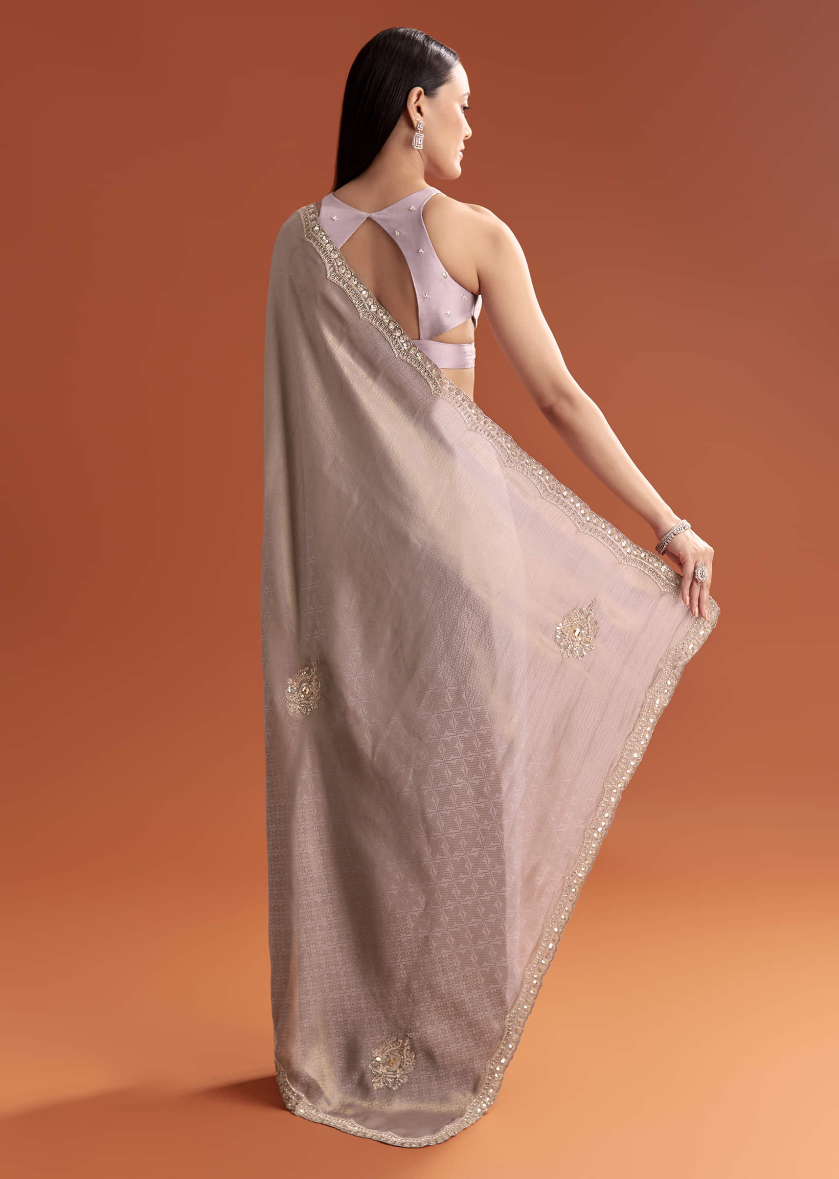 Lavender Satin Saree With Sequin And Bead Embroidery - Image 2