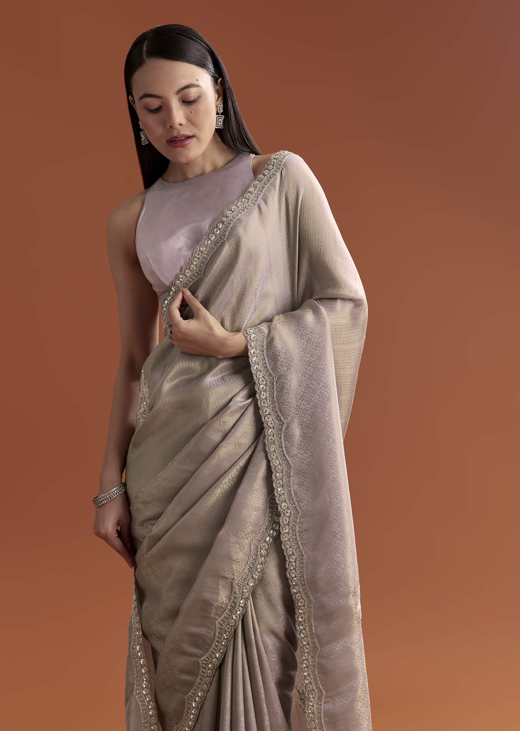 Lavender Satin Saree With Sequin And Bead Embroidery - Image 5