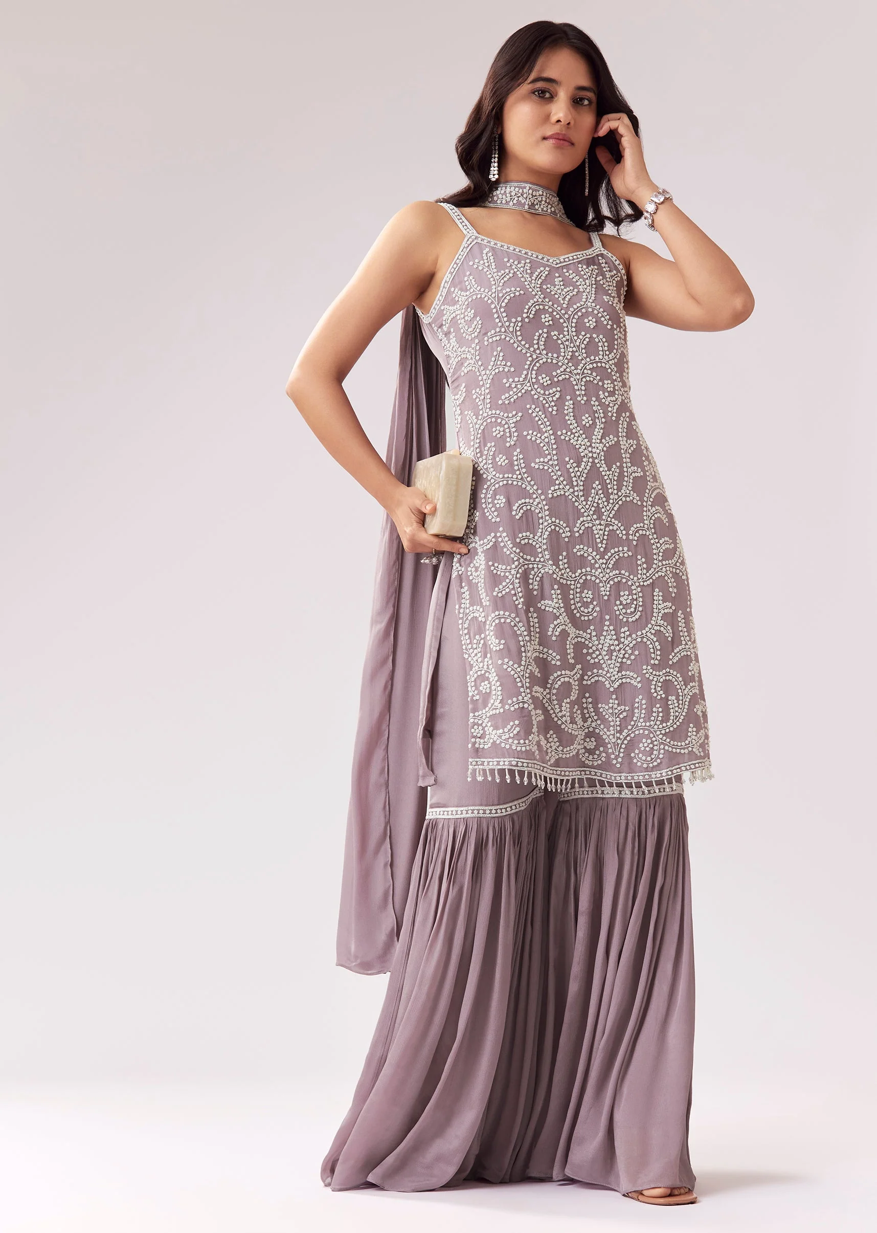 Lavender Sharara Set With Cutdana And Sweetheart Neckline - Image 3
