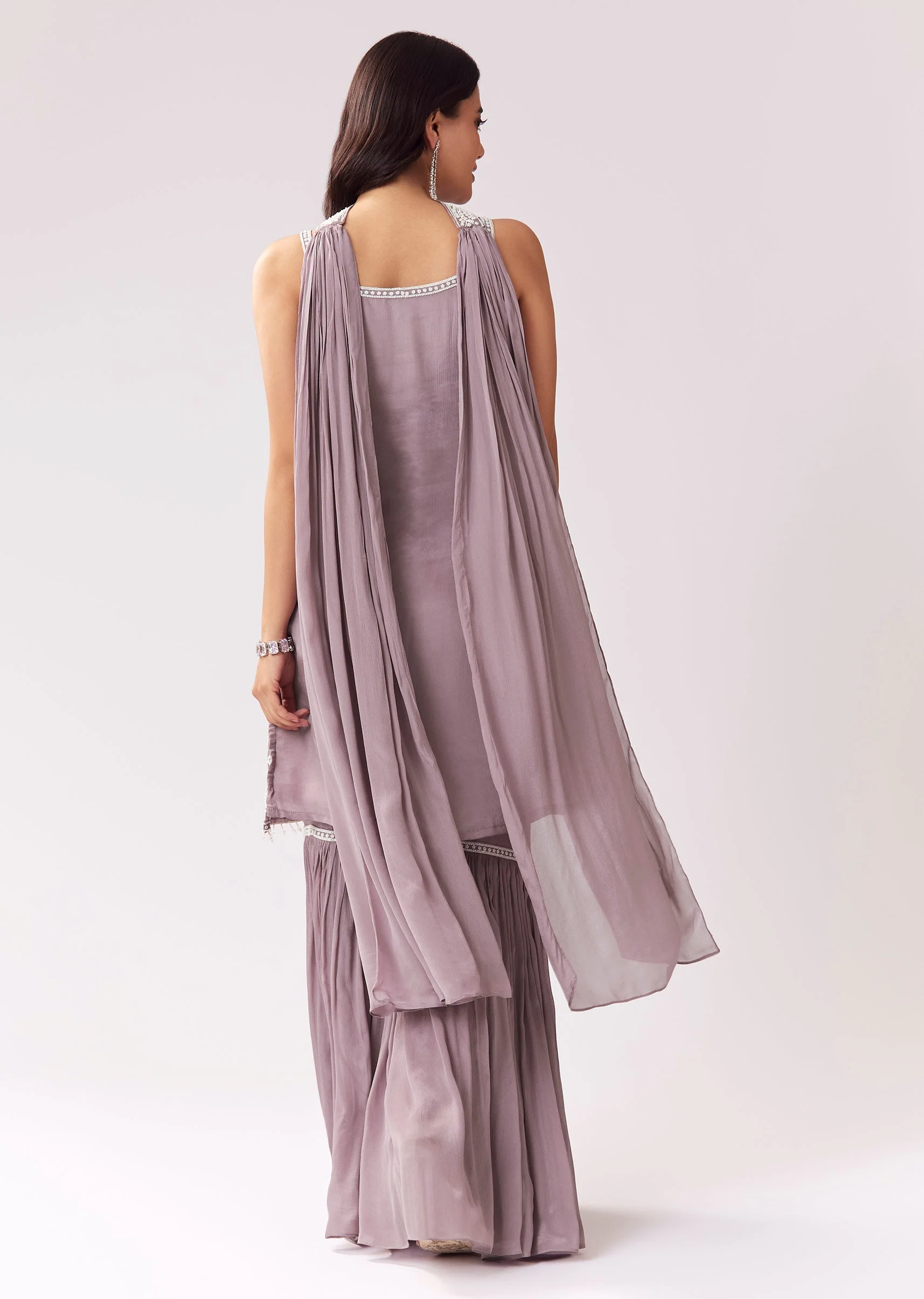 Lavender Sharara Set With Cutdana And Sweetheart Neckline - Image 5
