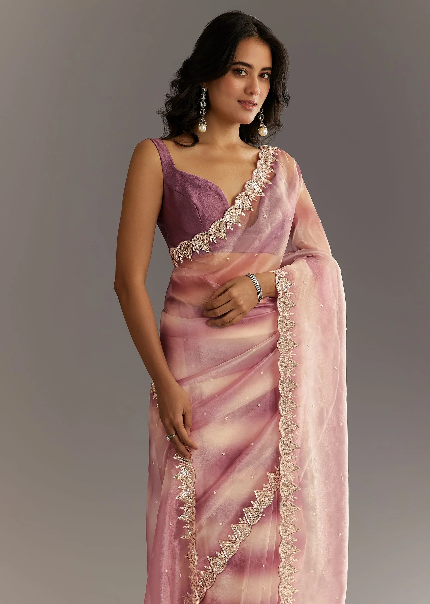 Lavender Shibori Organza Saree With Cutwork Scallop Embroidered Border - Image 2