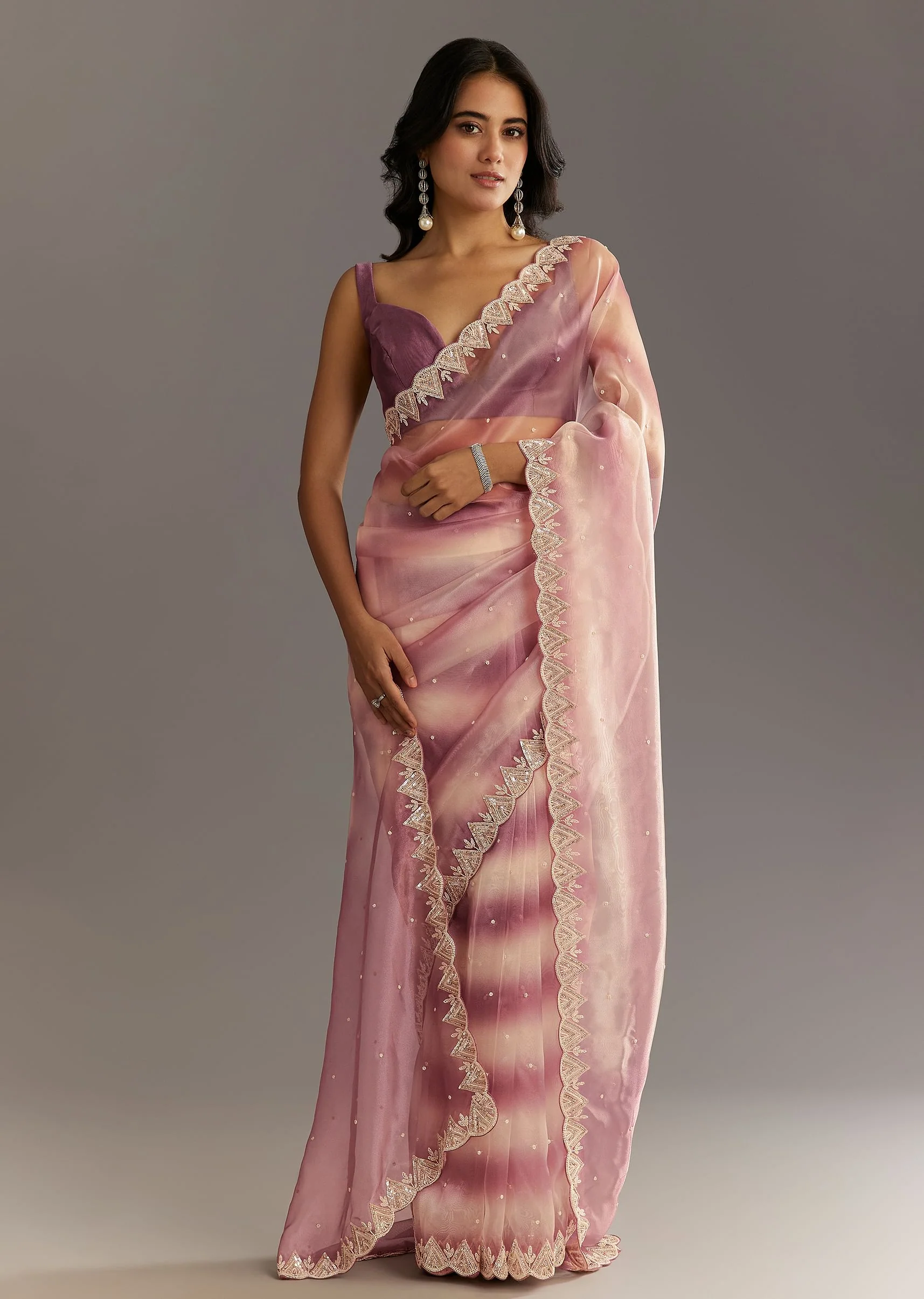 Lavender Shibori Organza Saree With Cutwork Scallop Embroidered Border - Image 3