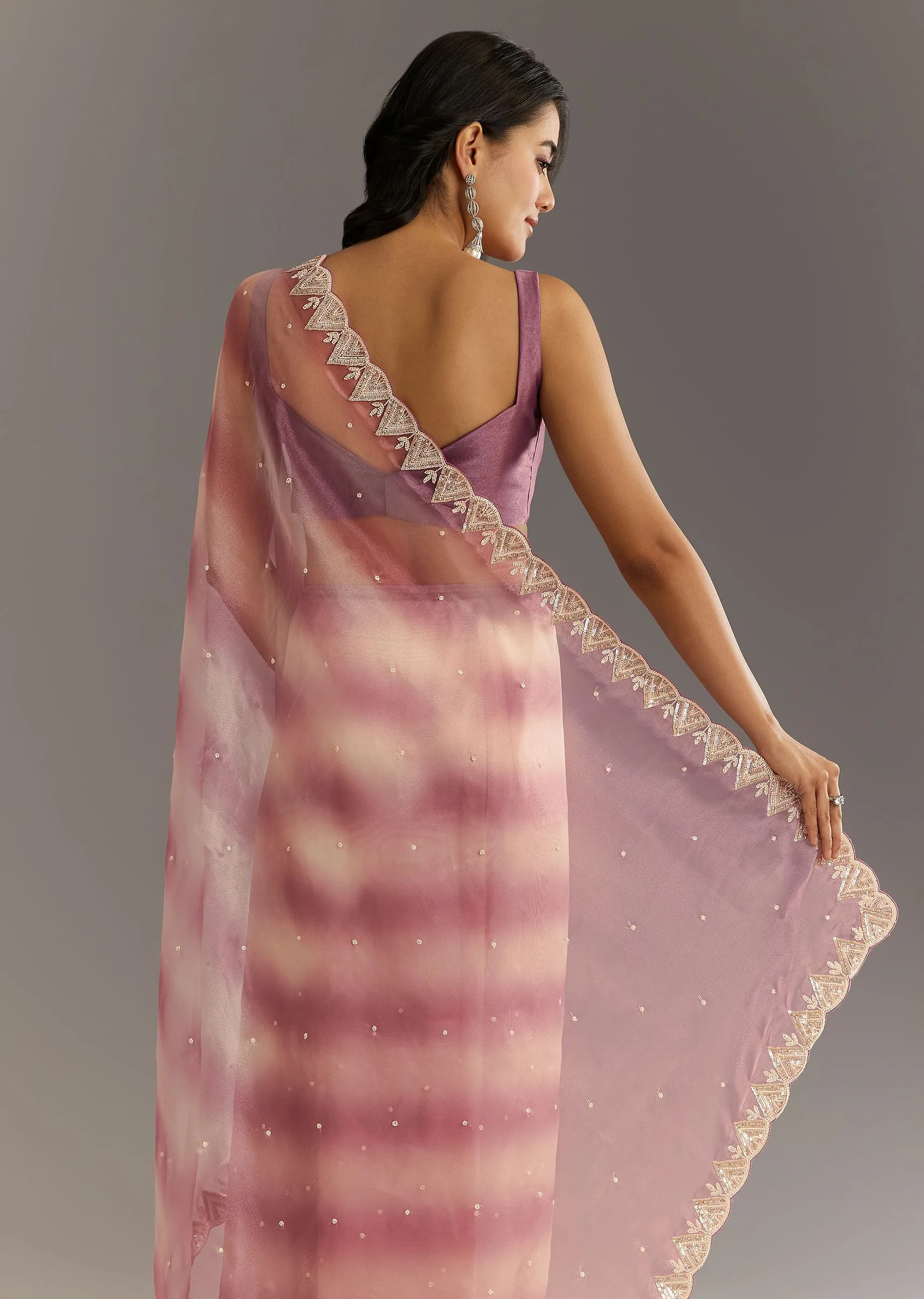 Lavender Shibori Organza Saree With Cutwork Scallop Embroidered Border - Image 4