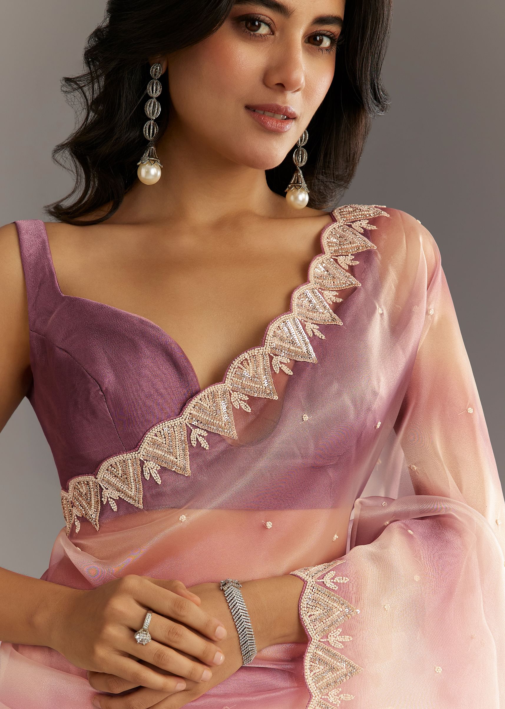 Lavender Shibori Organza Saree With Cutwork Scallop Embroidered Border - Image 5
