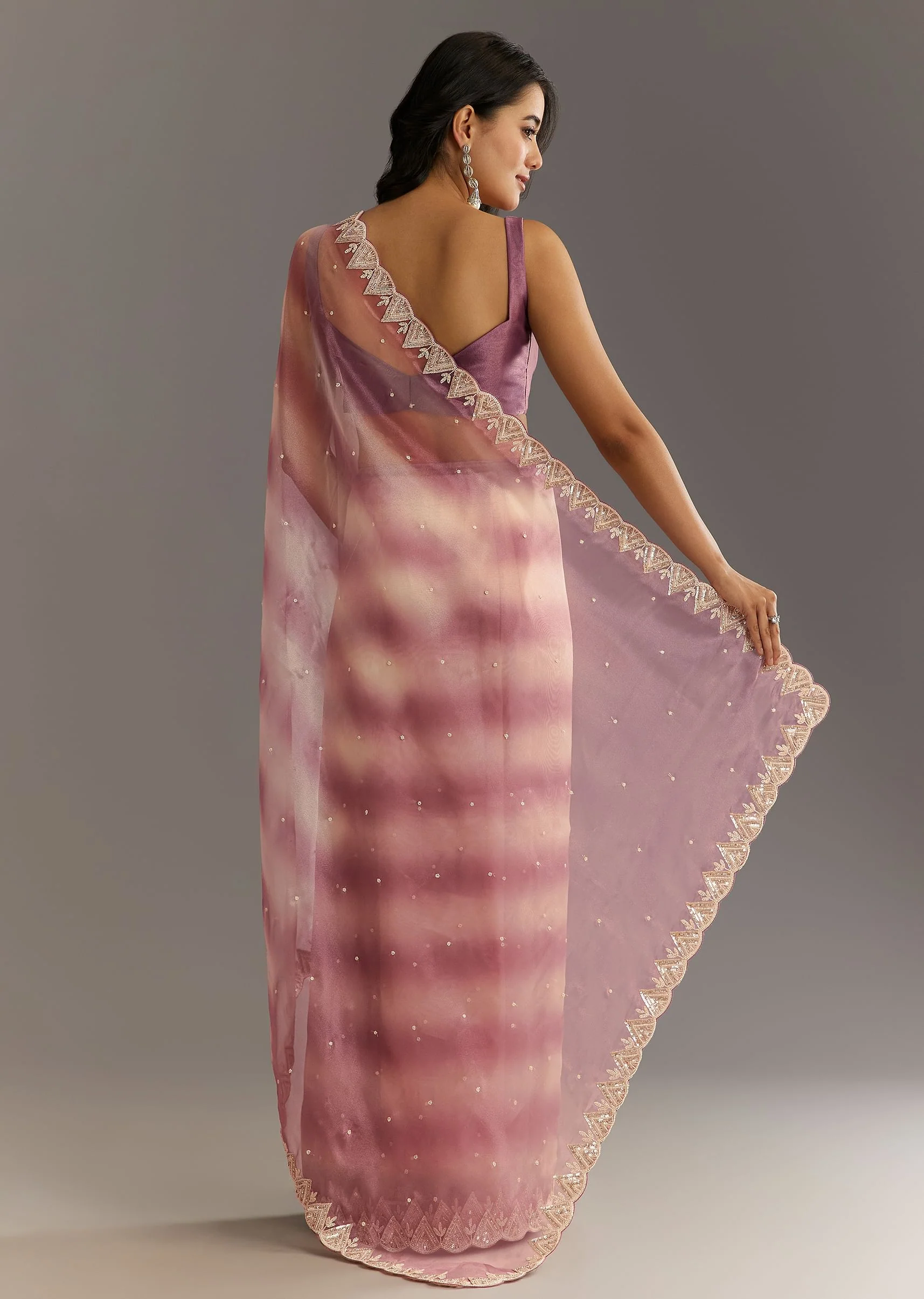Lavender Shibori Organza Saree With Cutwork Scallop Embroidered Border - Image 6