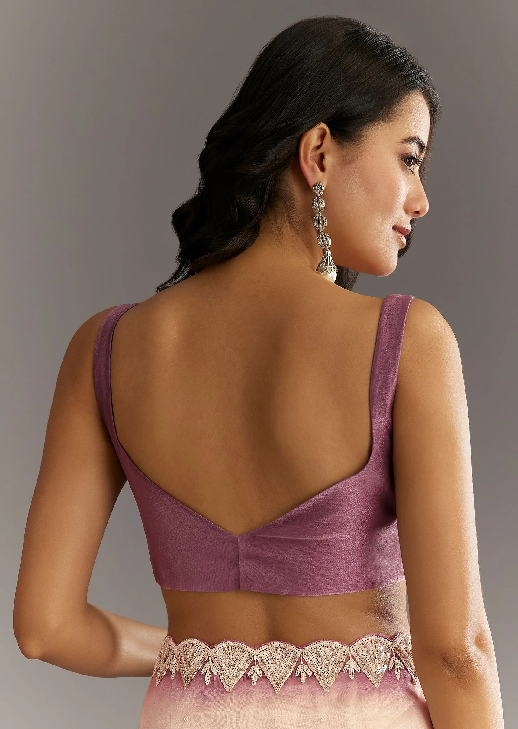 Lavender Shibori Organza Saree With Cutwork Scallop Embroidered Border - Image 8