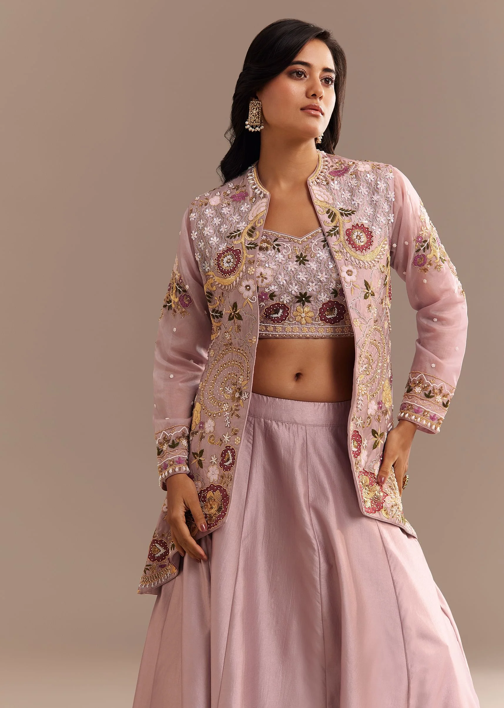 Lavender Silk Embroidered Jacket Lehenga Set - Image 2