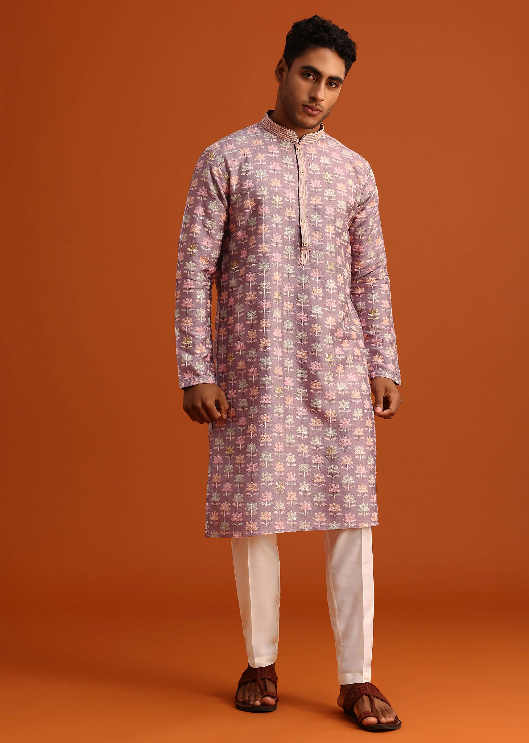 Lavender Silk Kurta And Pant Set With Printed Work - Image 3