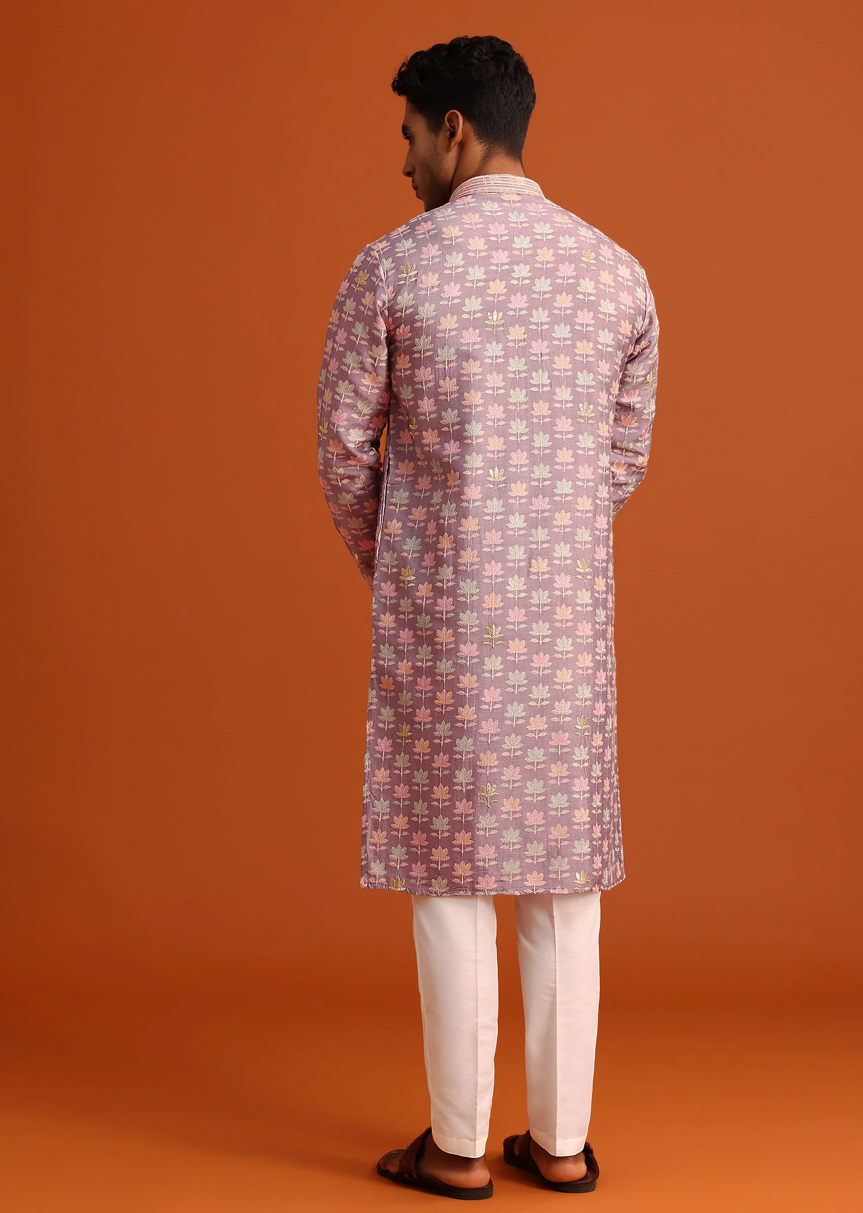 Lavender Silk Kurta And Pant Set With Printed Work - Image 5