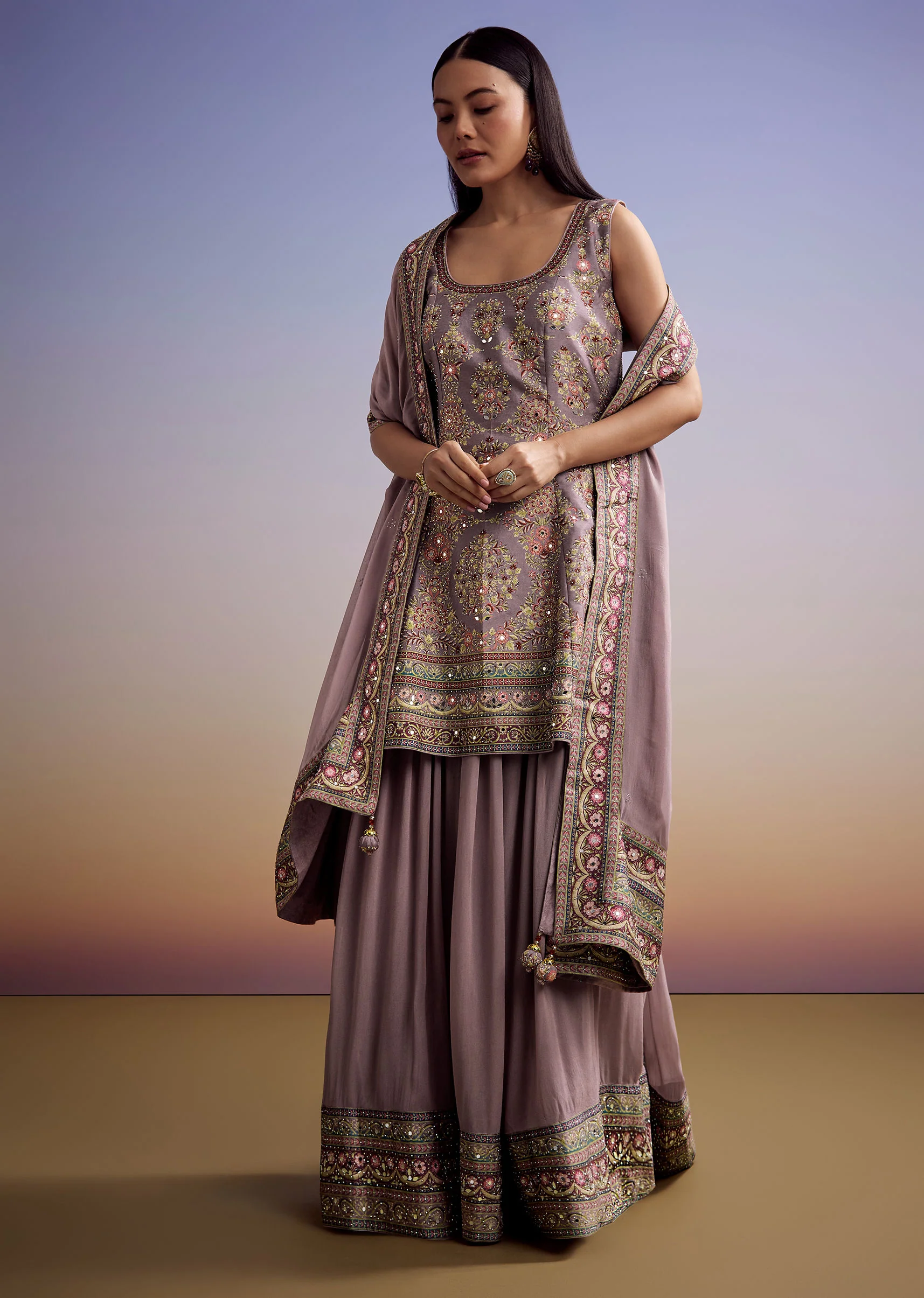 Lavender Silk Palazzo Suit With Stone Work And Printed Kurta - Image 3