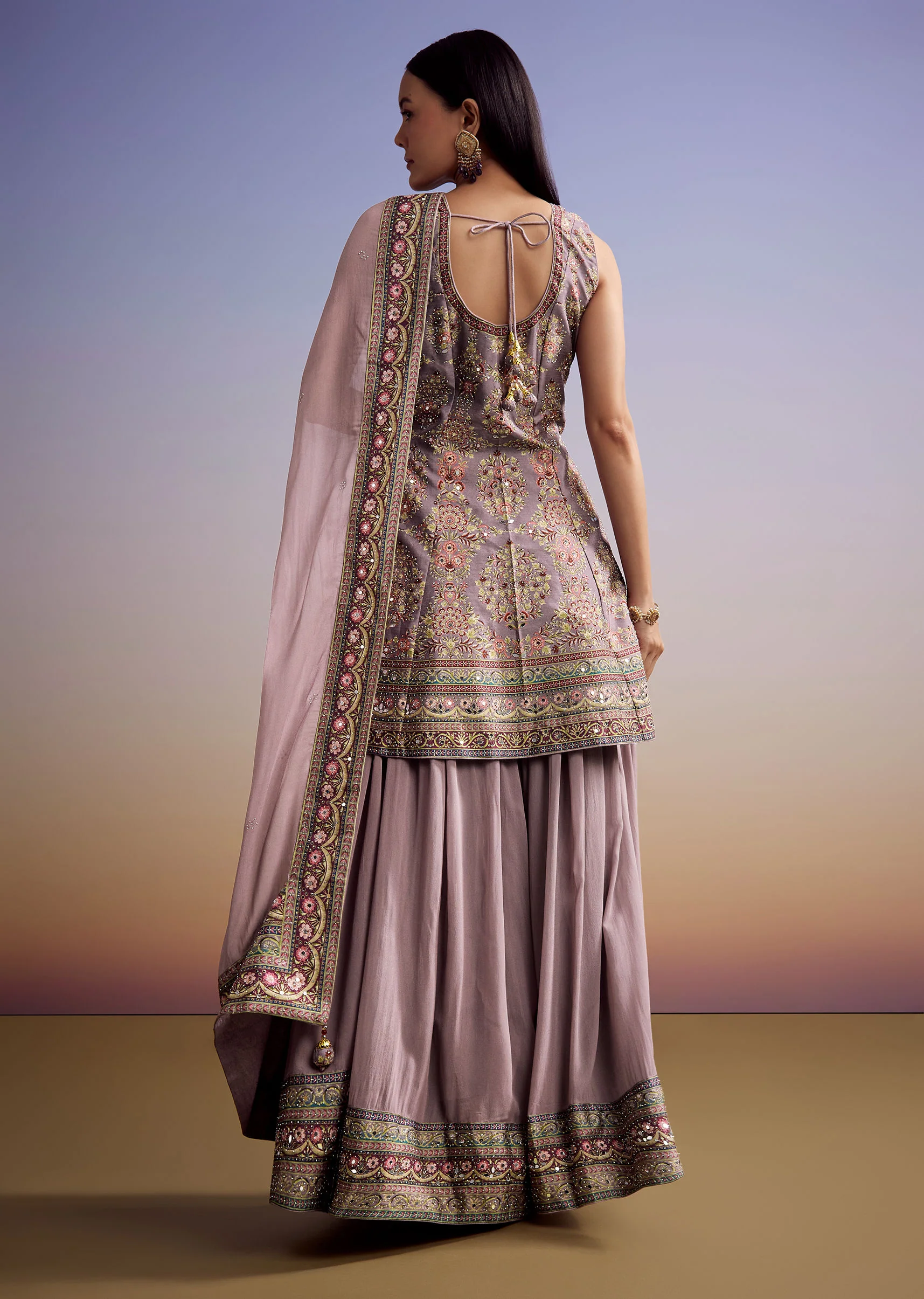 Lavender Silk Palazzo Suit With Stone Work And Printed Kurta - Image 5