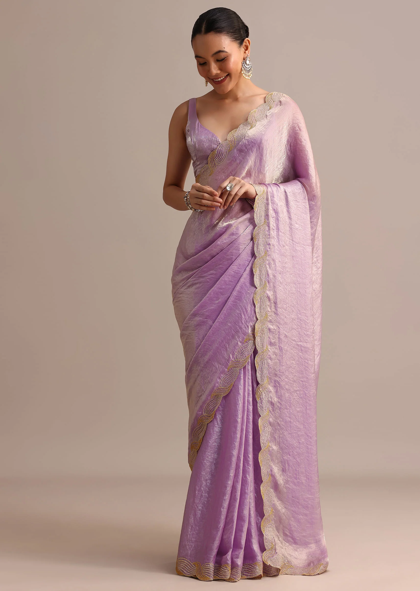 Lavender Soft Tissue Saree With Zari Embroidered Border - Image 3