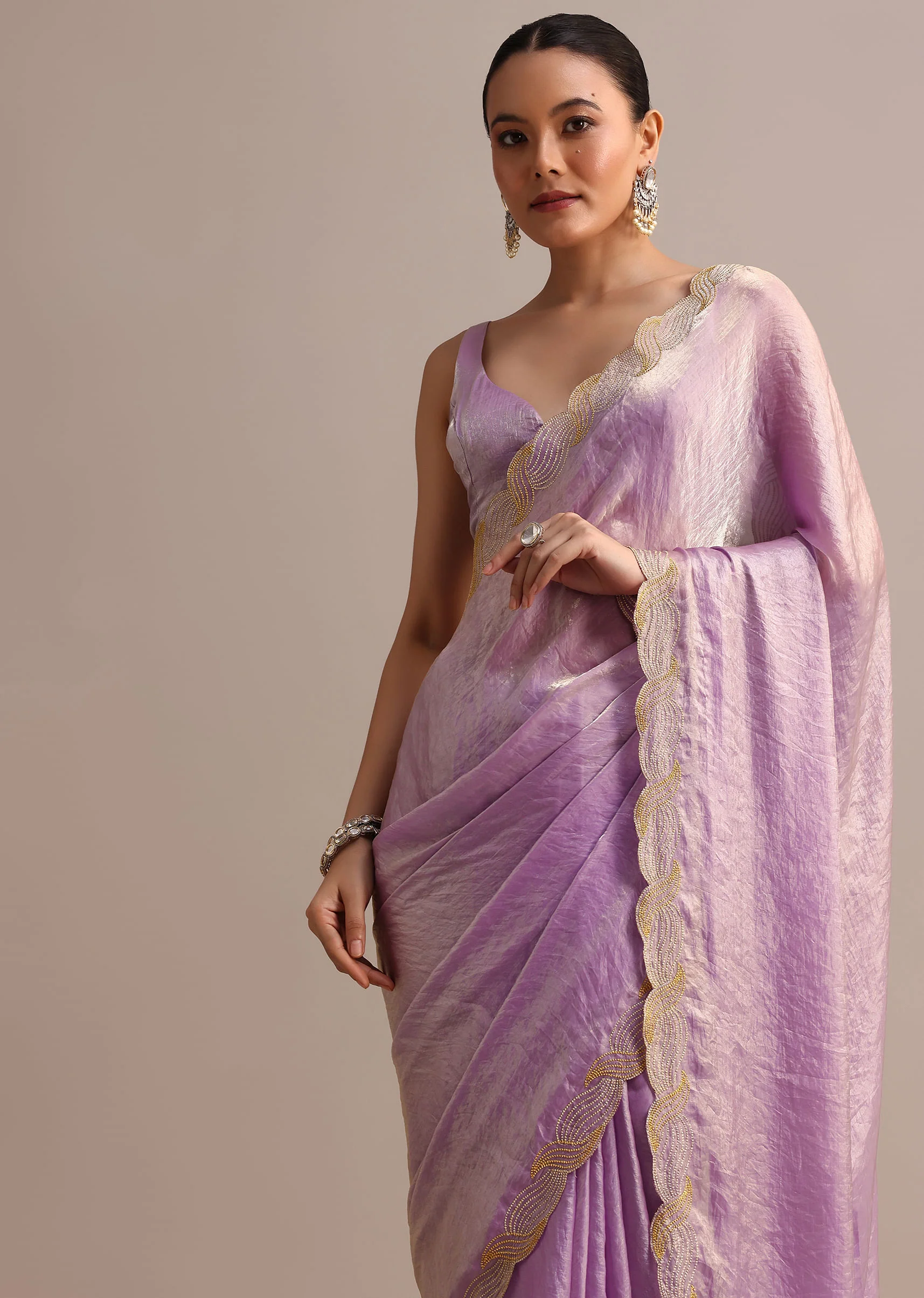 Lavender Soft Tissue Saree With Zari Embroidered Border - Image 5