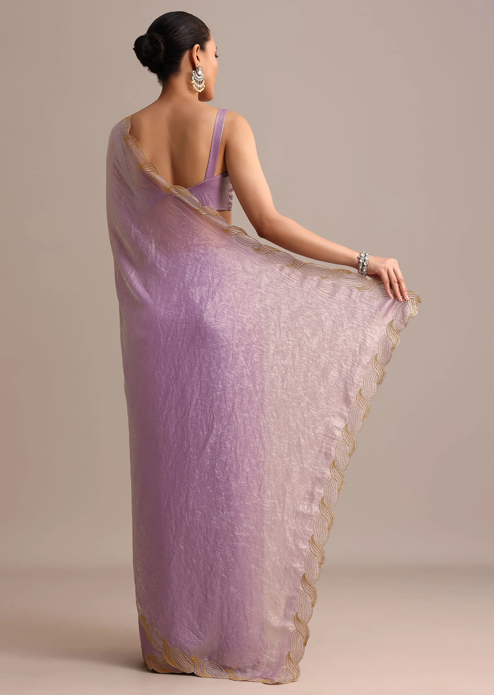 Lavender Soft Tissue Saree With Zari Embroidered Border - Image 6