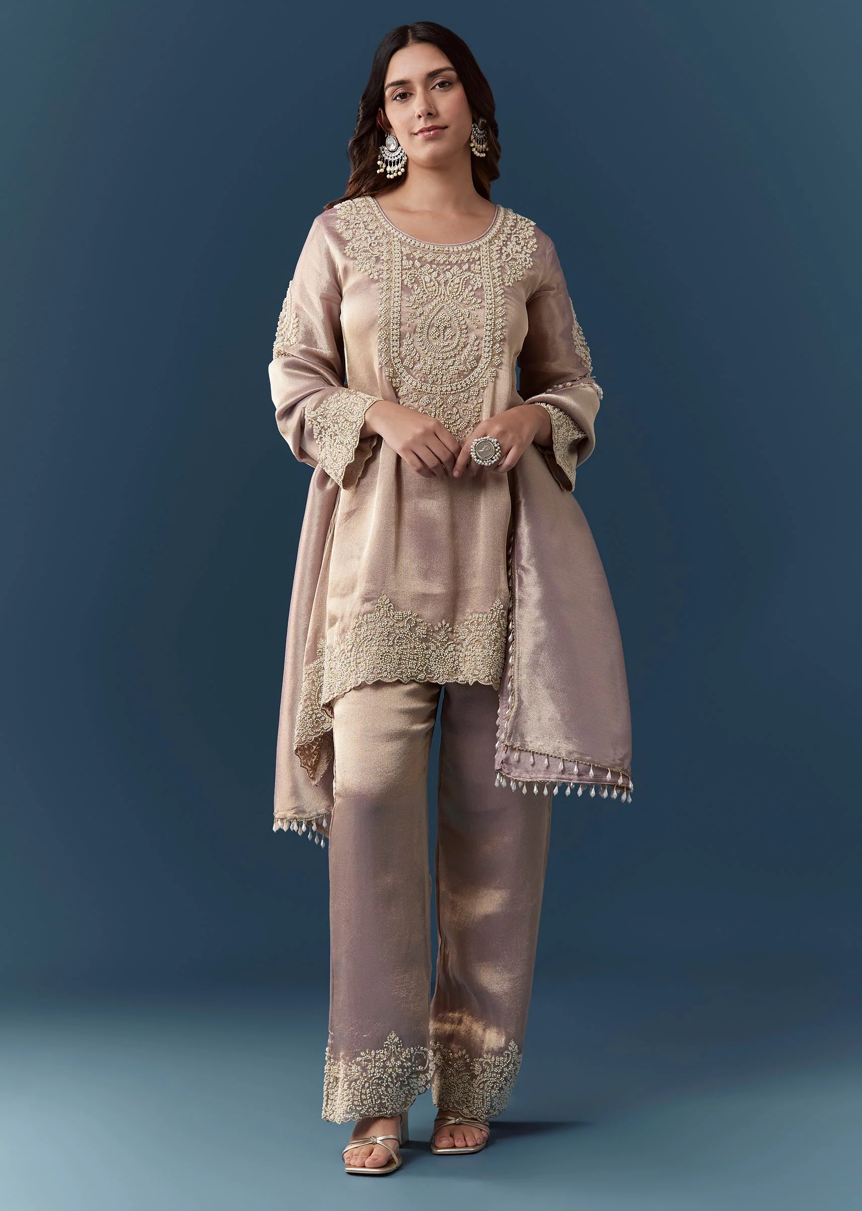 Lavender Tissue Embellished Kurta Pant Set - Image 3