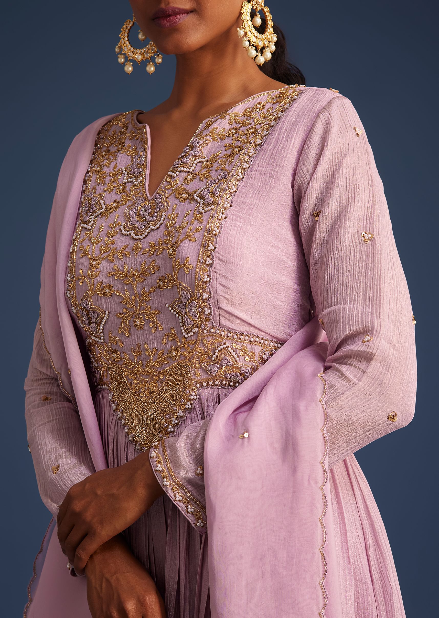 Lavender Tissue Embroidered Anarkali With Organza Dupatta - Image 2