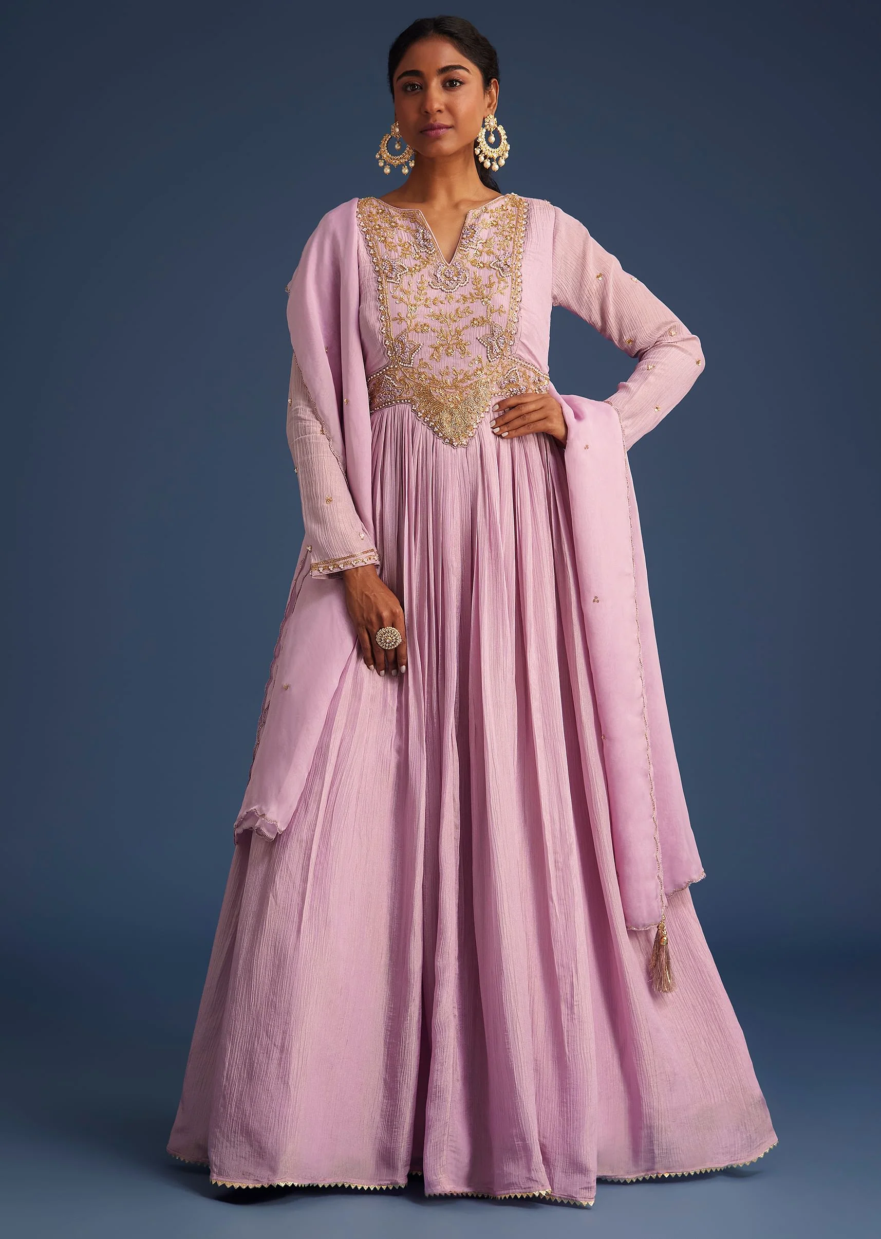 Lavender Tissue Embroidered Anarkali With Organza Dupatta - Image 3