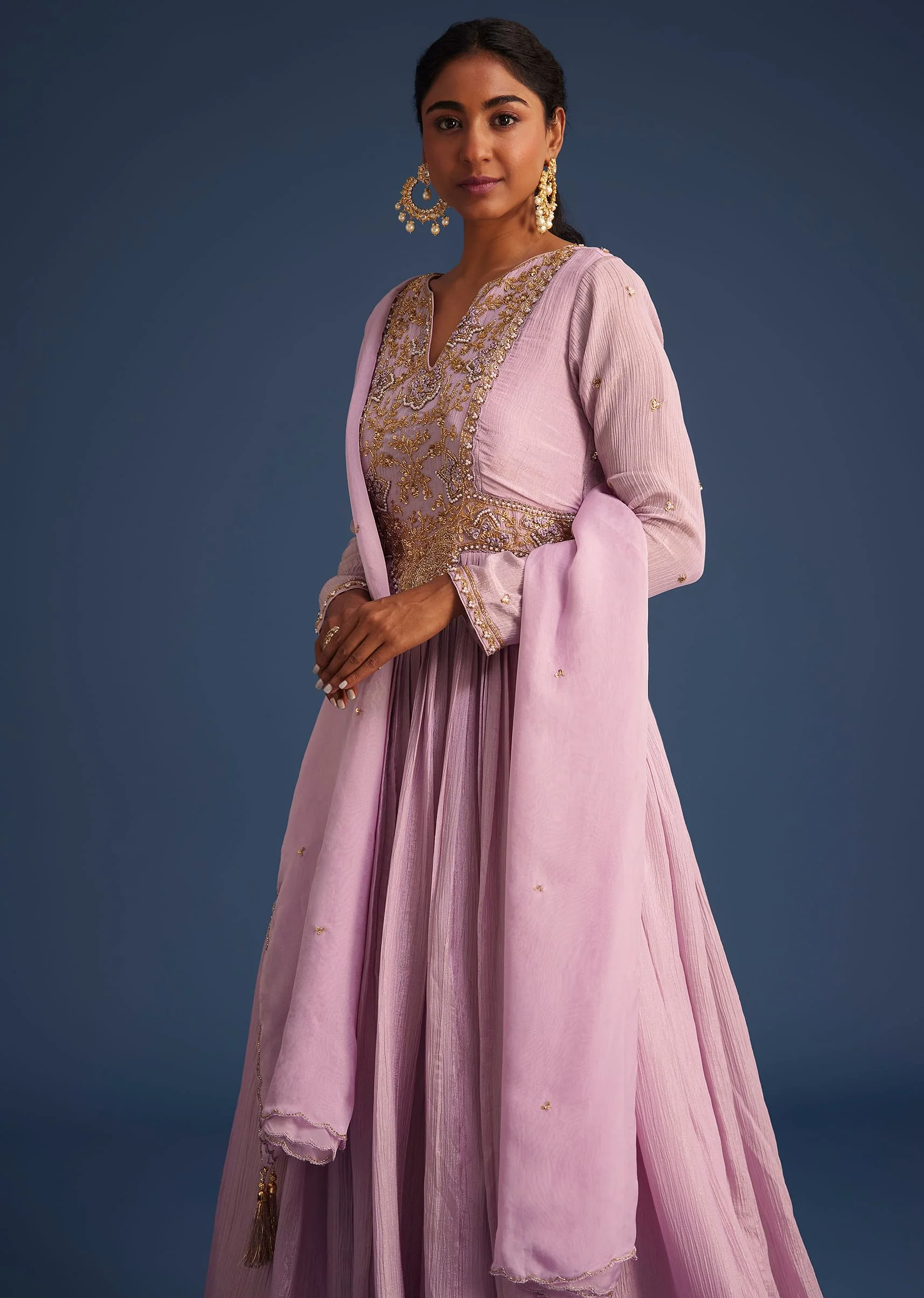 Lavender Tissue Embroidered Anarkali With Organza Dupatta - Image 4