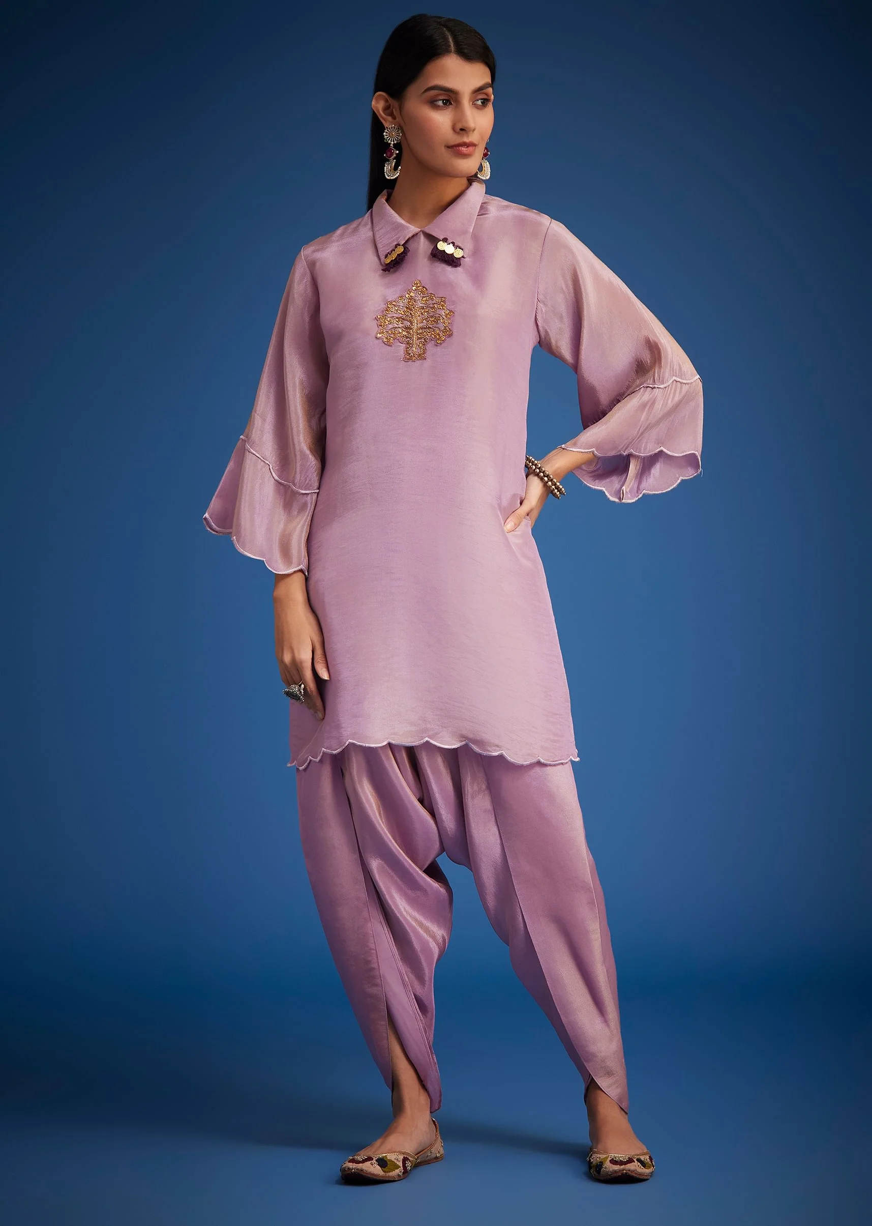 Lavender Tissue Embroidered Dhoti Set - Image 6