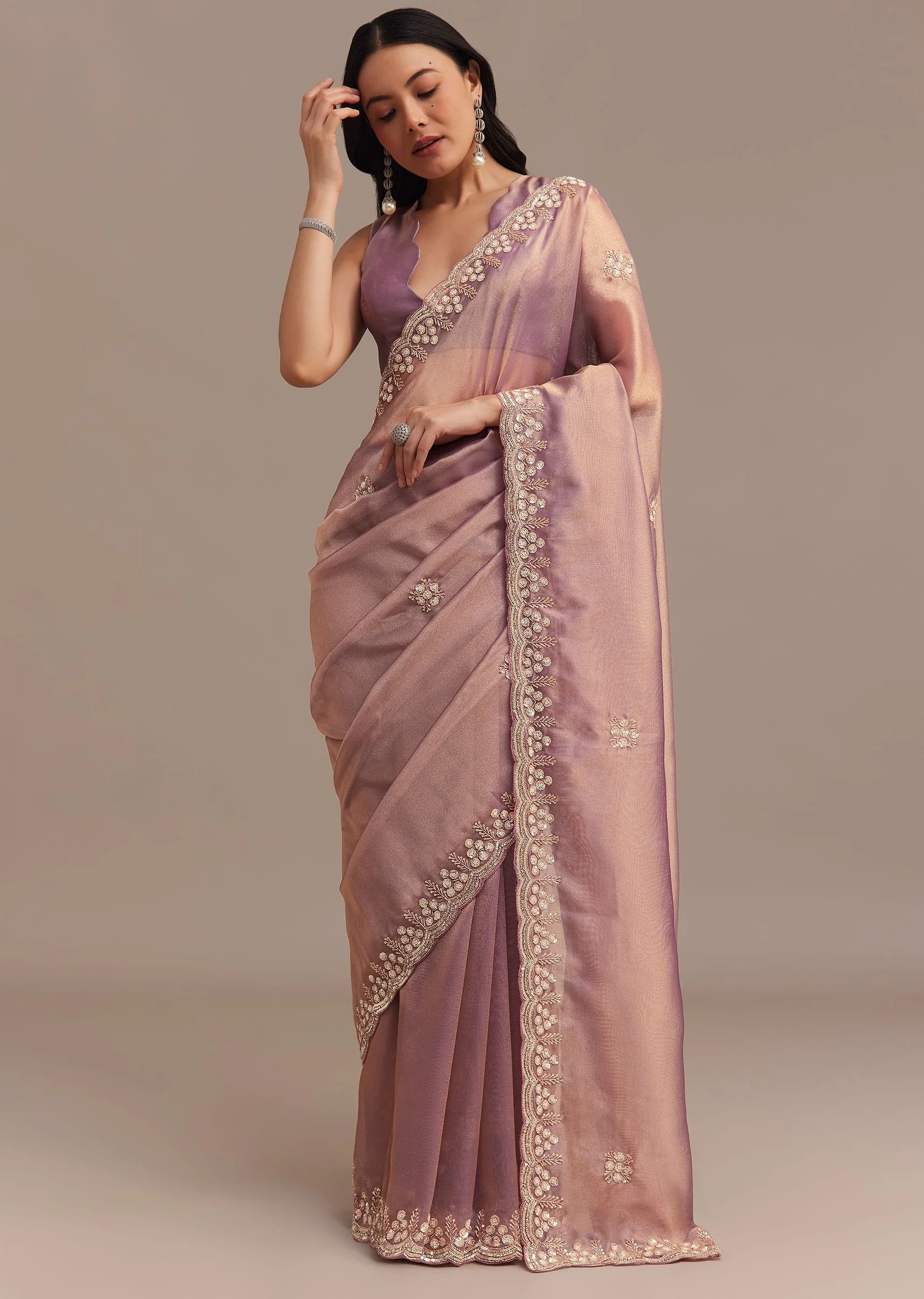Lavender Tissue Saree Embroidered With Sequins And Cutdana - Image 2
