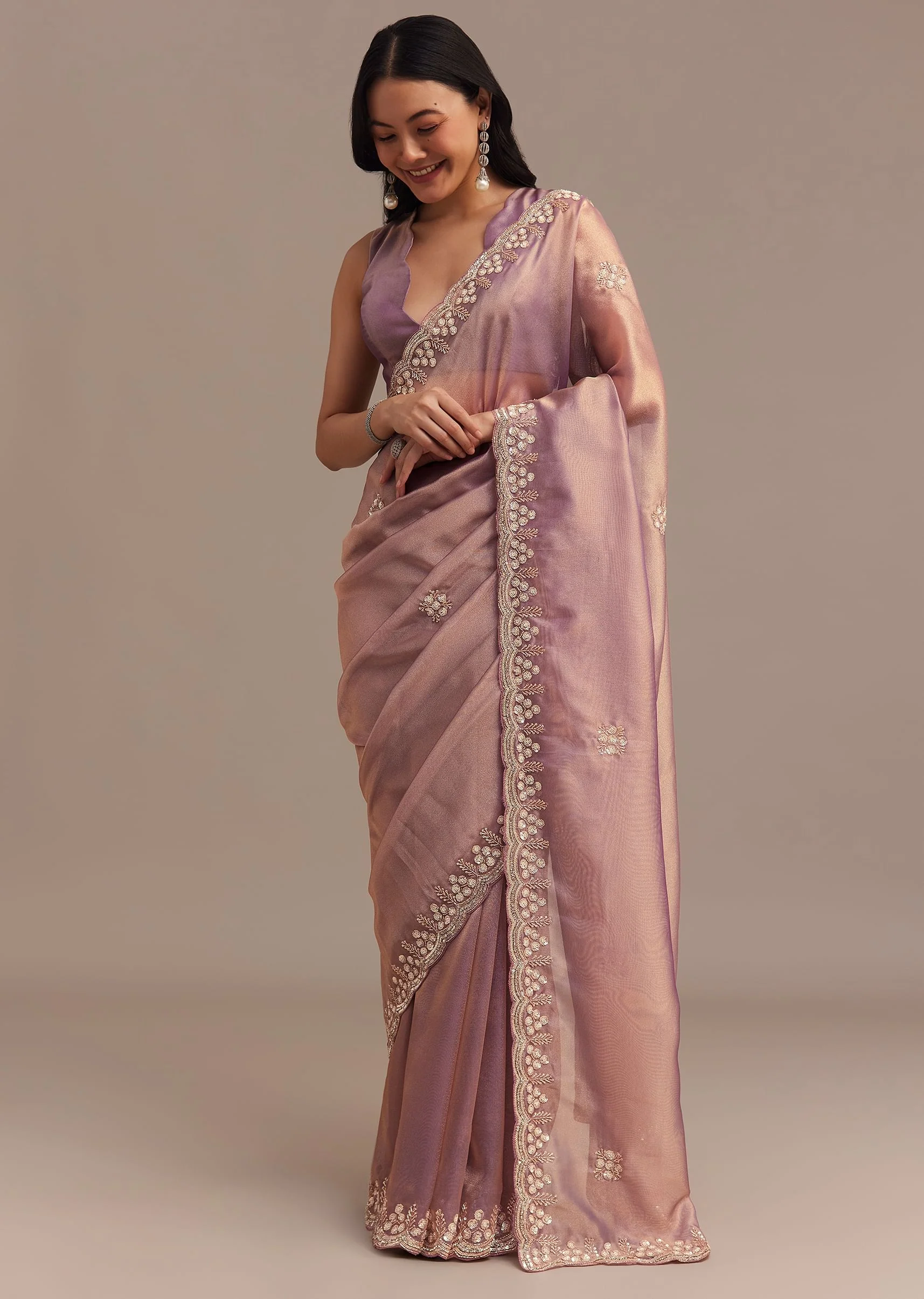 Lavender Tissue Saree Embroidered With Sequins And Cutdana - Image 5