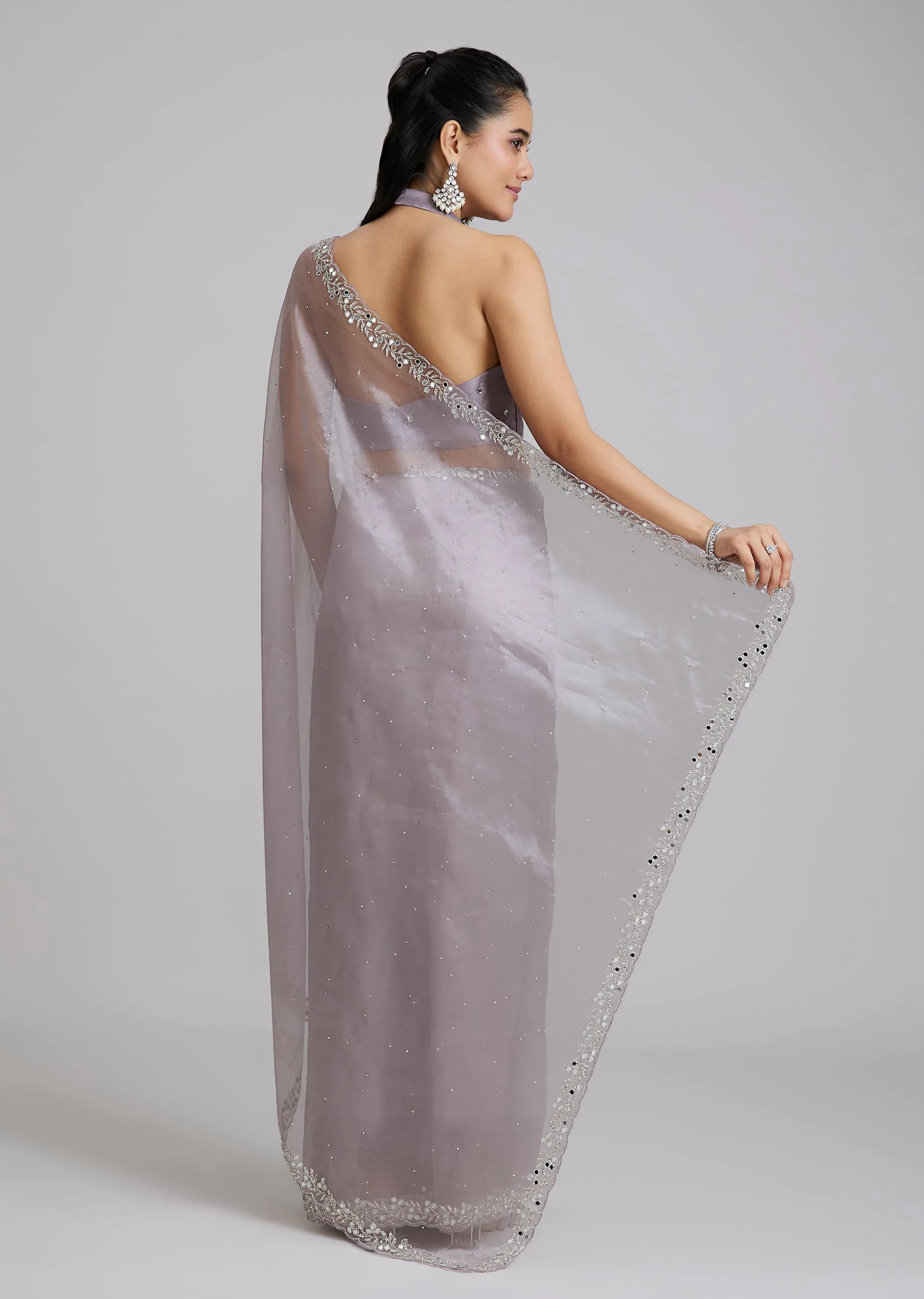 Lavender Tissue Saree With Cutdana Scallop Border - Image 4