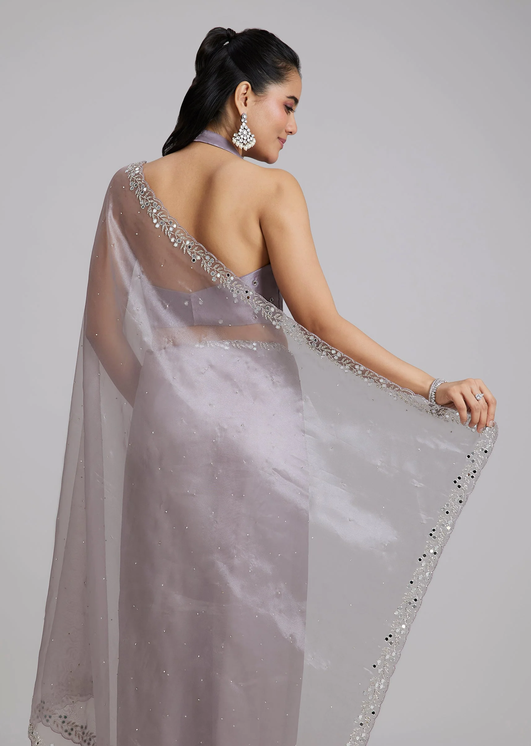 Lavender Tissue Saree With Cutdana Scallop Border - Image 6