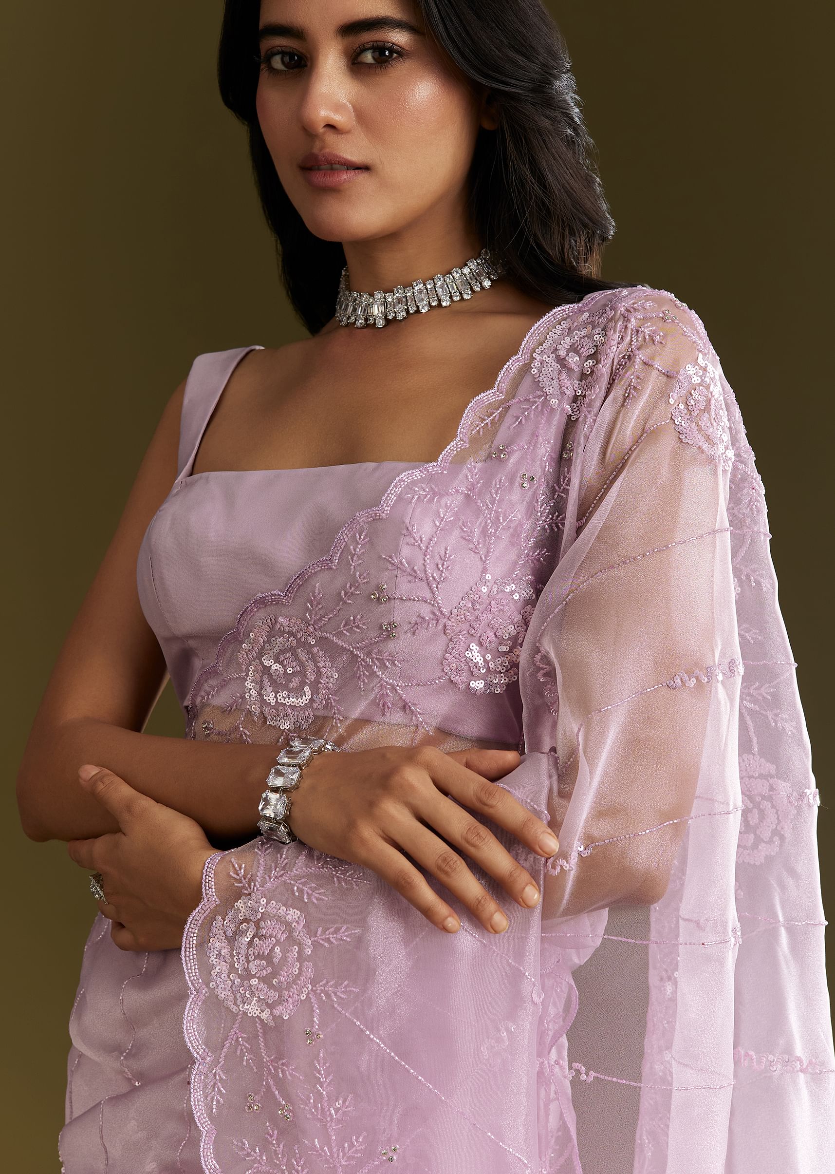 Lavender Tissue Saree With Floral Embroidery And Scallop Border - Image 2