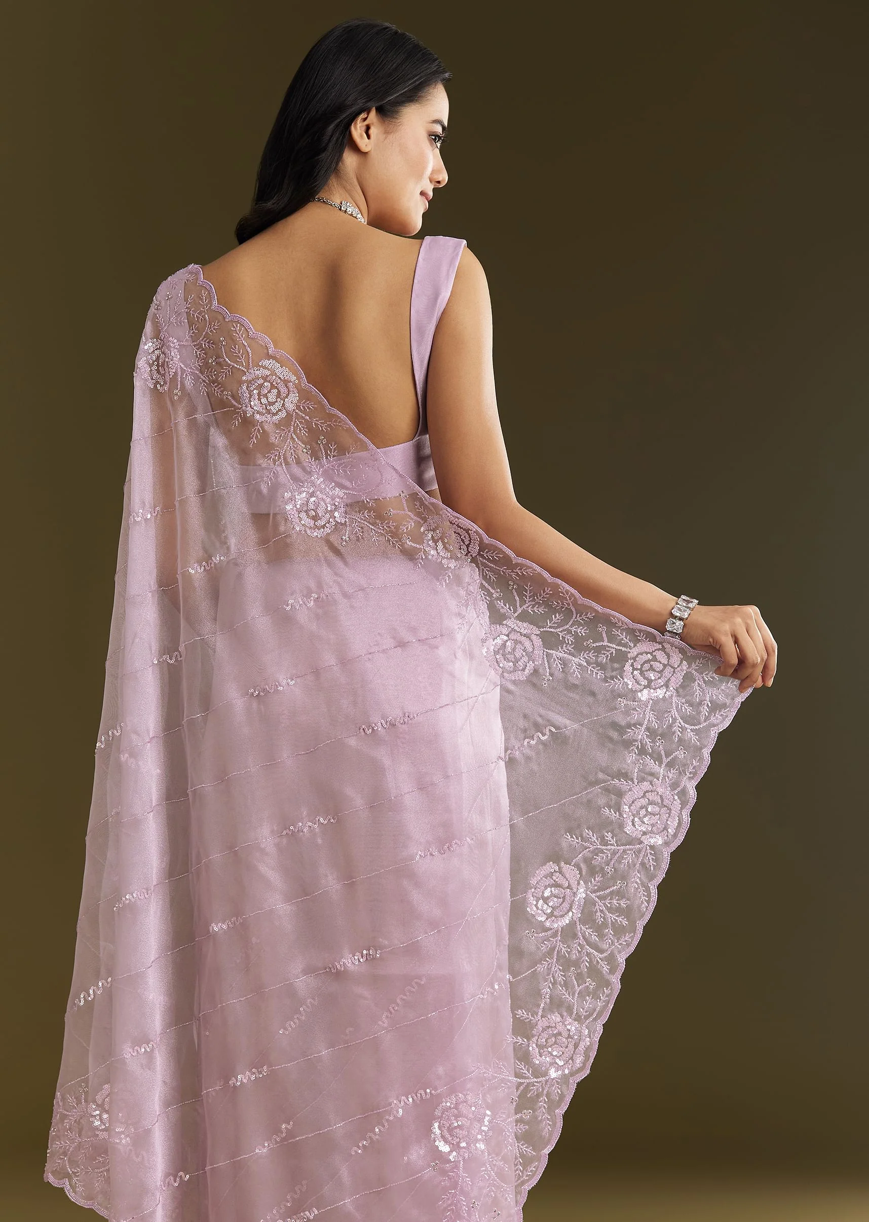 Lavender Tissue Saree With Floral Embroidery And Scallop Border - Image 4