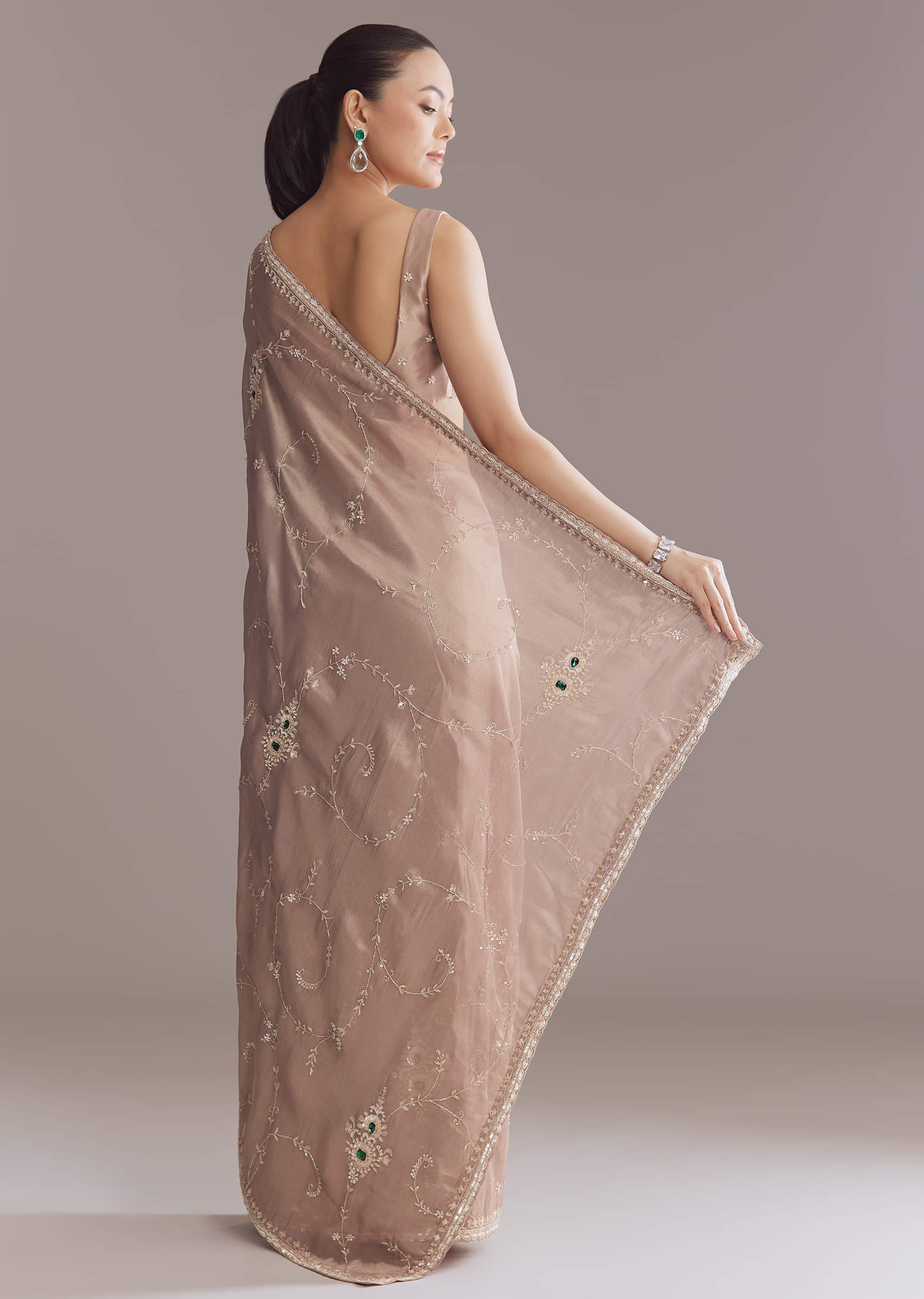 Lavender Tissue Saree With Heavy Floral Work - Image 3