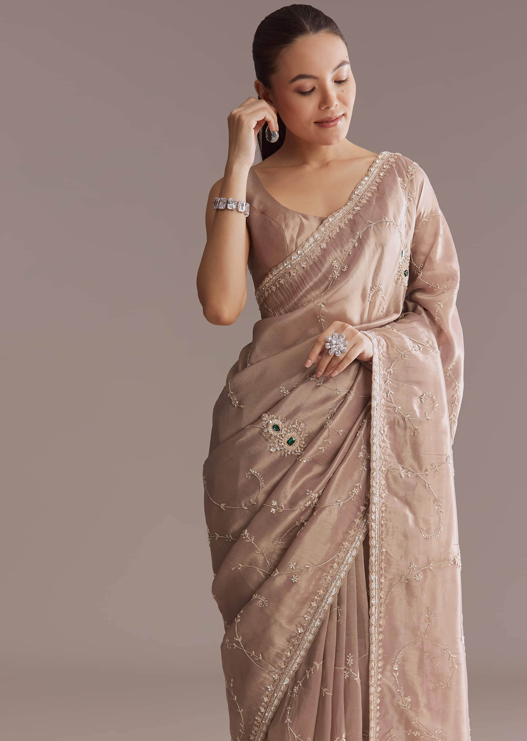 Lavender Tissue Saree With Heavy Floral Work - Image 4