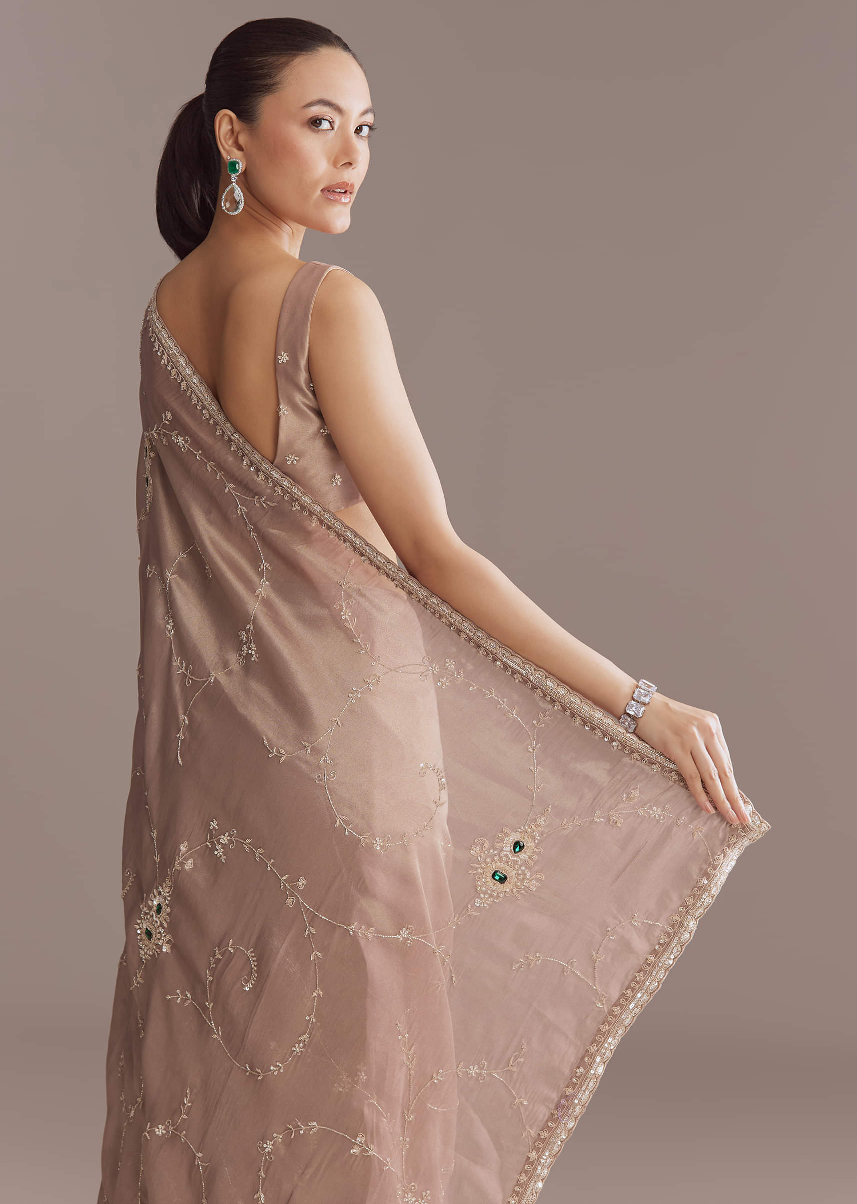 Lavender Tissue Saree With Heavy Floral Work - Image 5