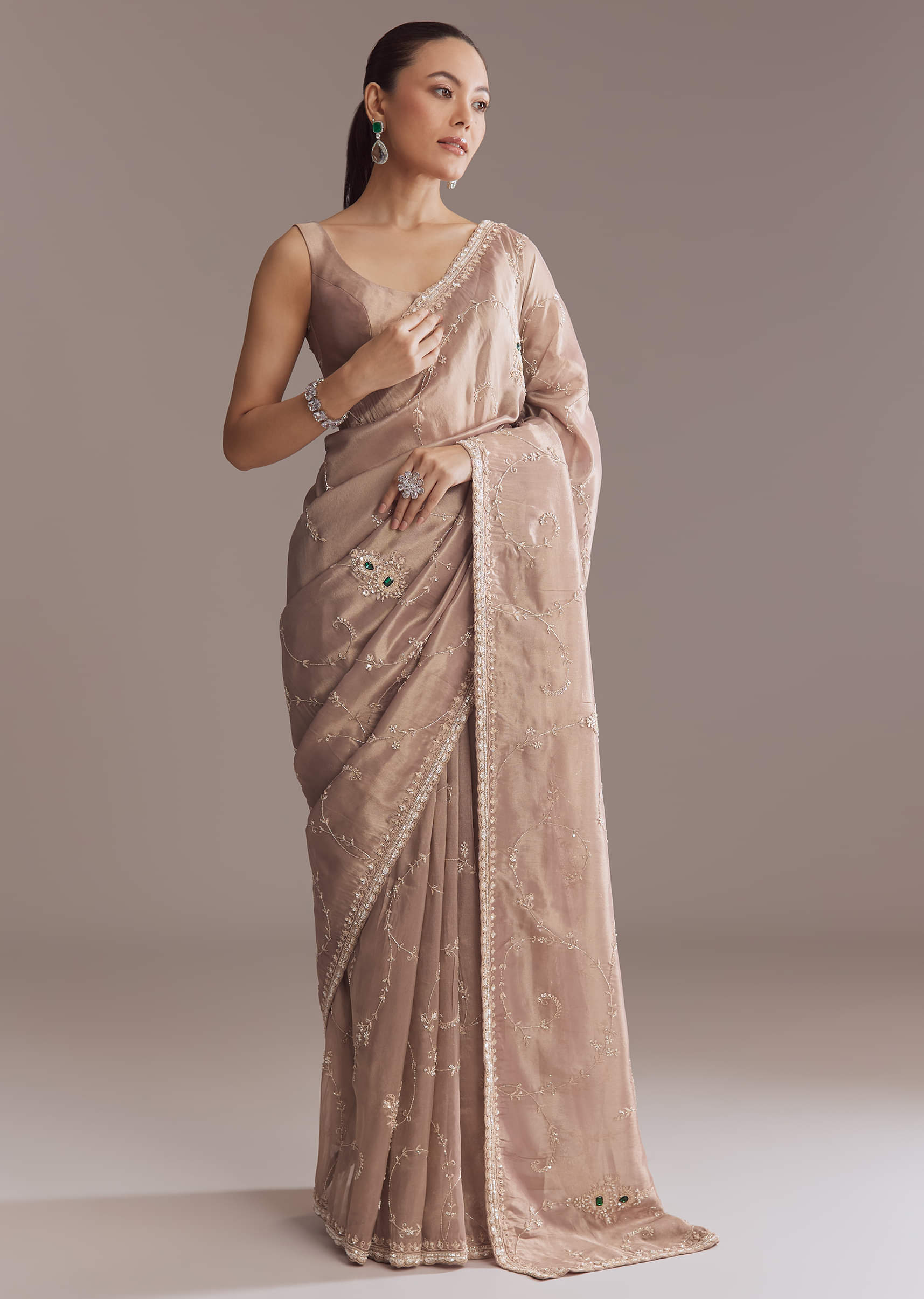 Lavender Tissue Saree With Heavy Floral Work - Image 9