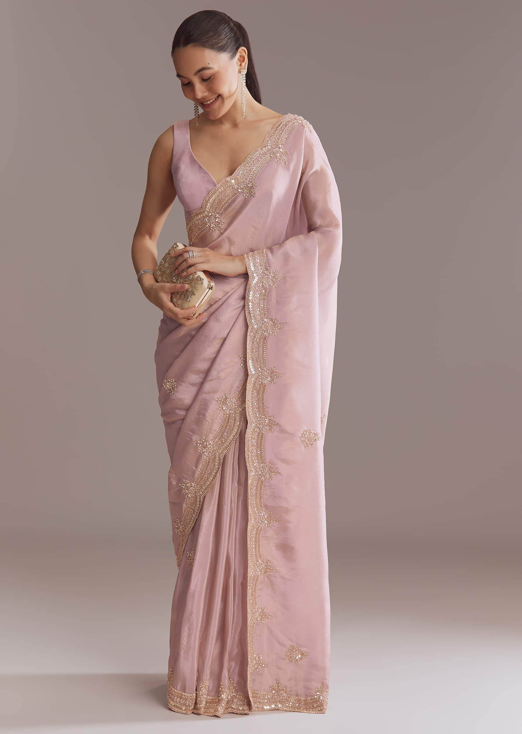 Lavender Tissue Saree With Heavy Hand Embroidery - Image 2