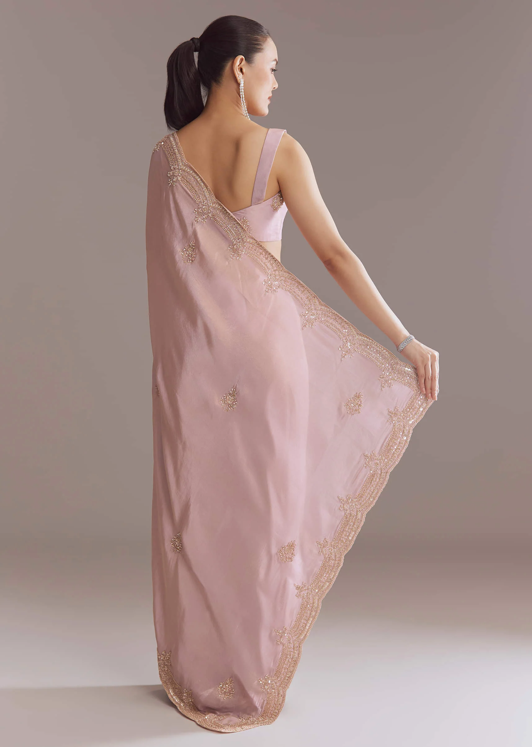 Lavender Tissue Saree With Heavy Hand Embroidery - Image 3