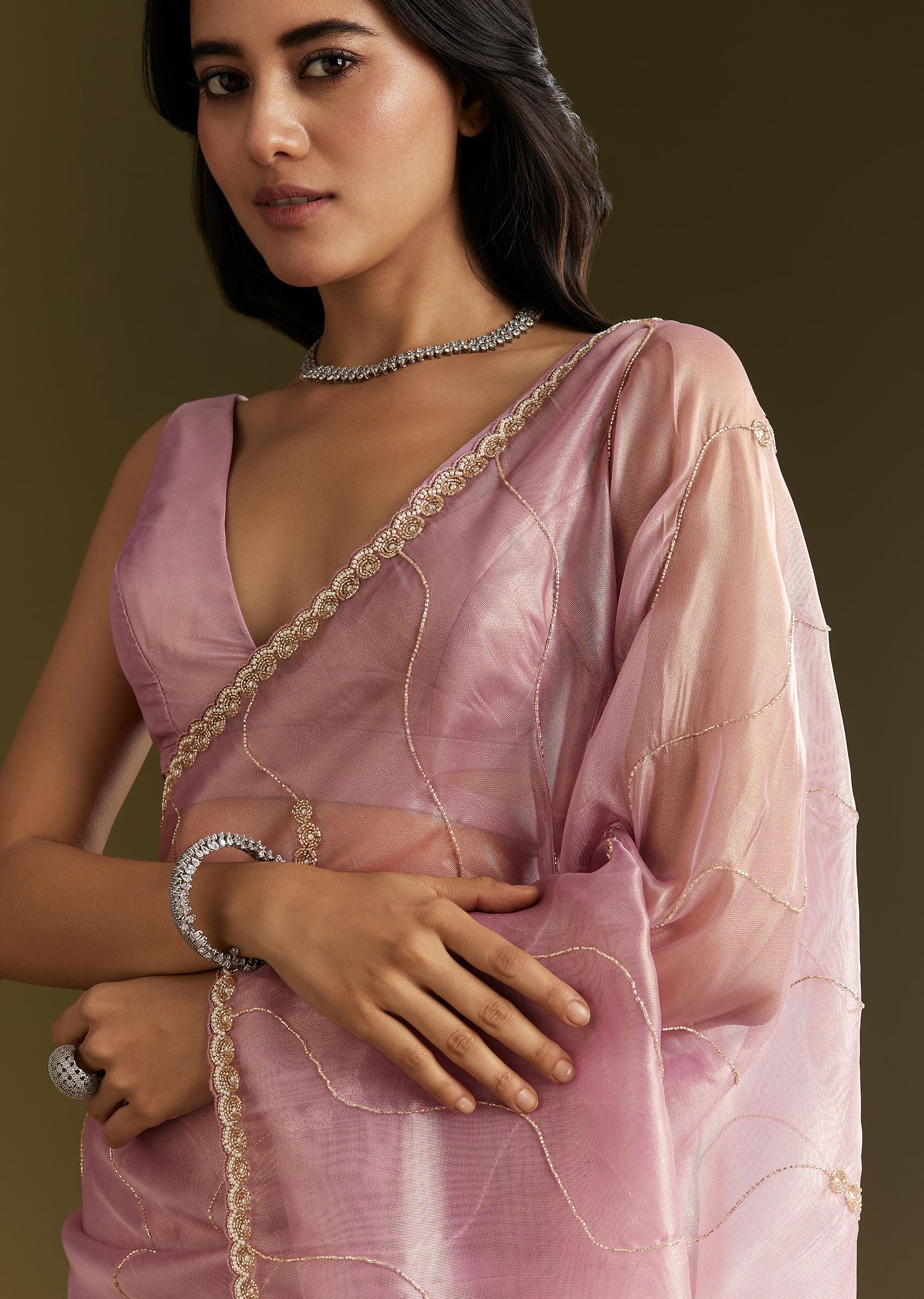 Lavender Tissue Saree With Moti And Cutdana Embroidery And Scallop Border - Image 2