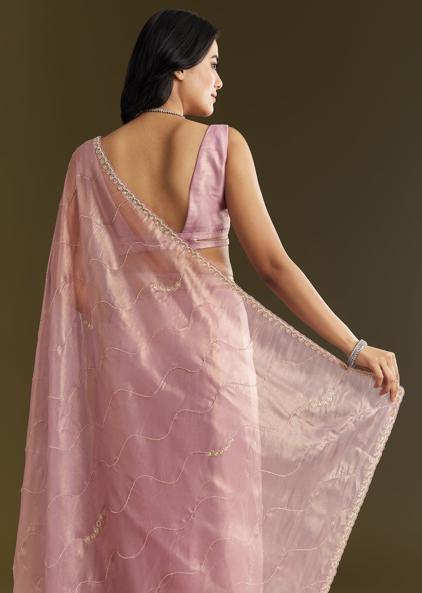 Lavender Tissue Saree With Moti And Cutdana Embroidery And Scallop Border - Image 4