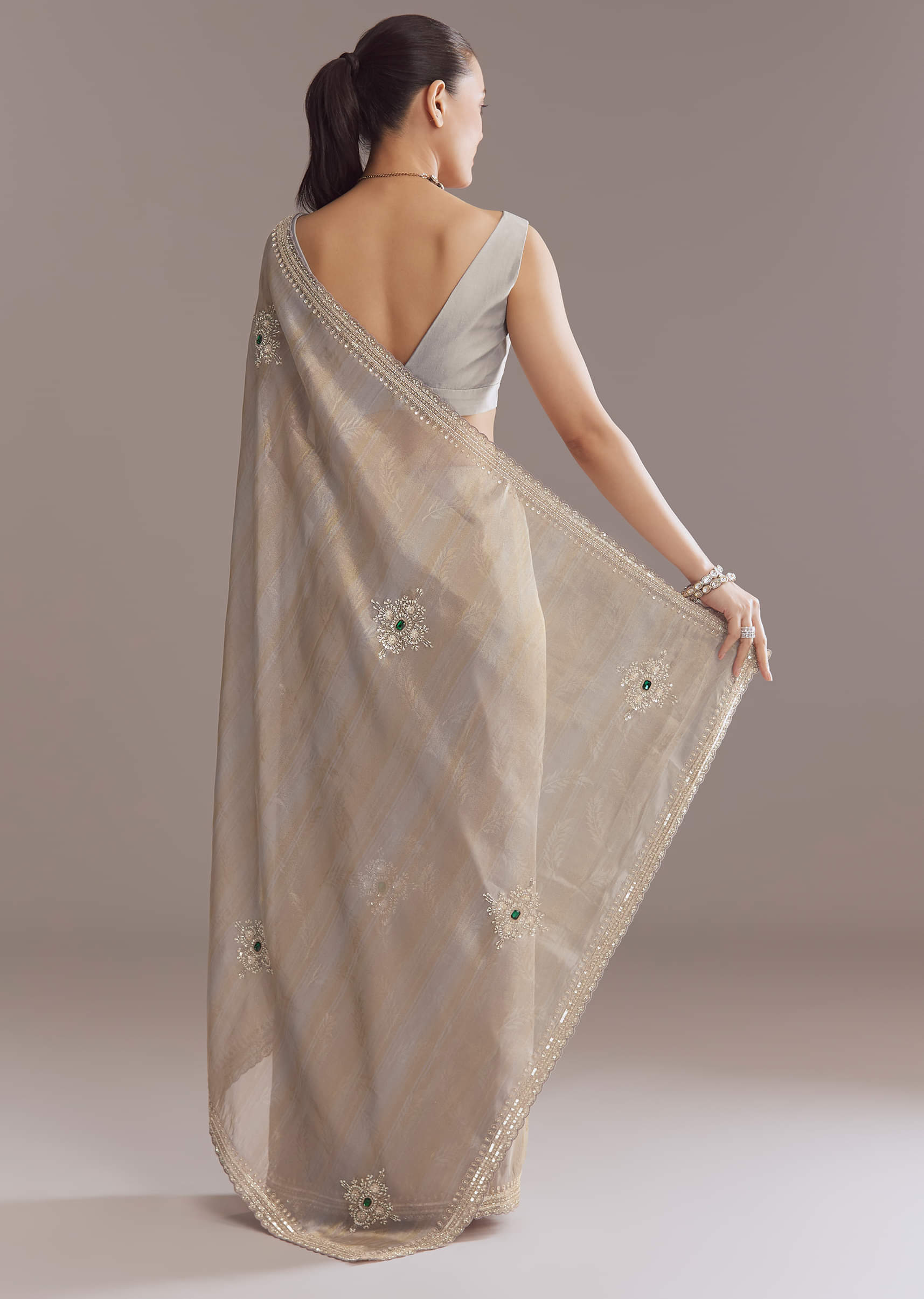 Lavender Tissue Saree With Zardosi And Emerald Stone Embroidery - Image 3