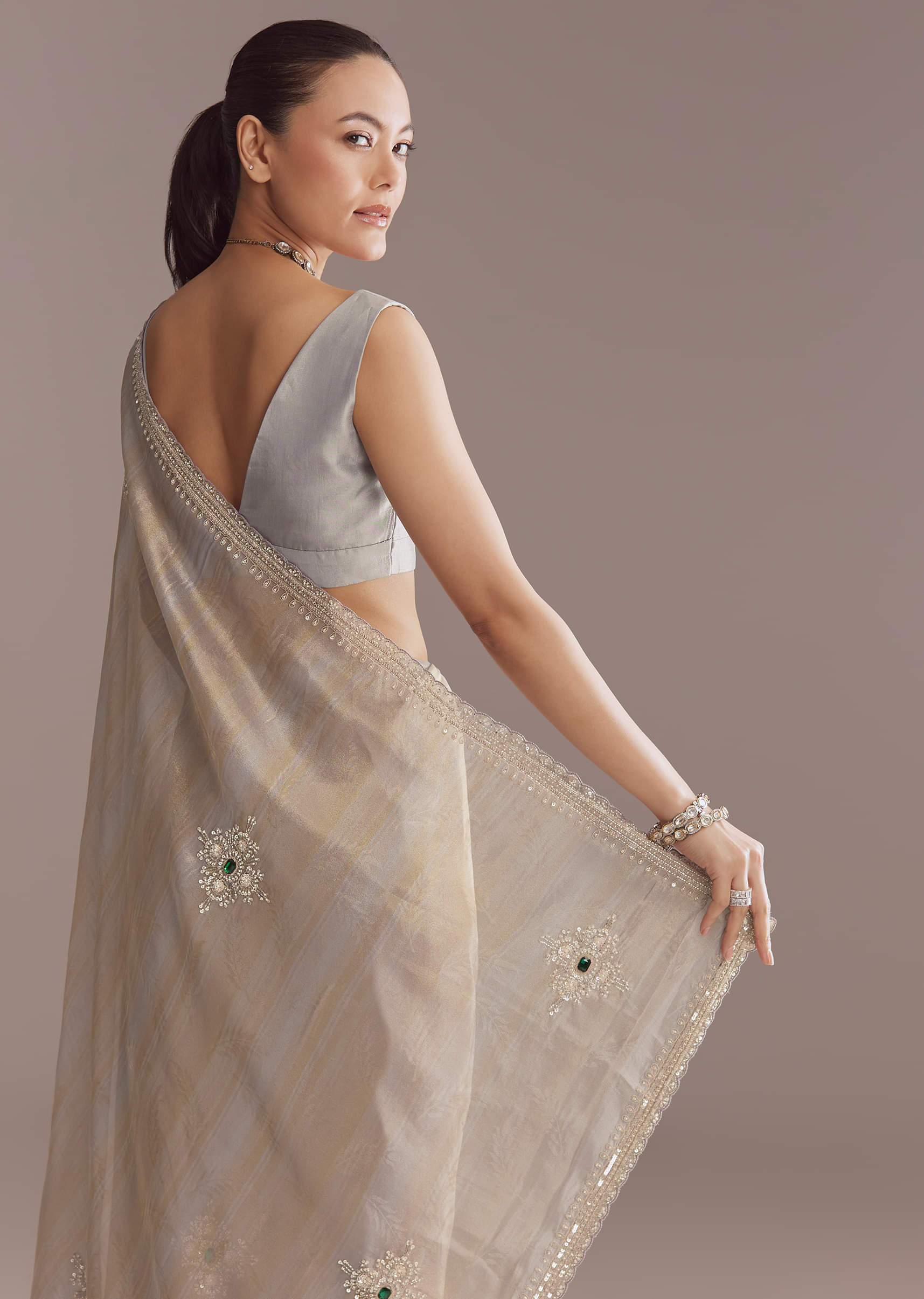 Lavender Tissue Saree With Zardosi And Emerald Stone Embroidery - Image 5