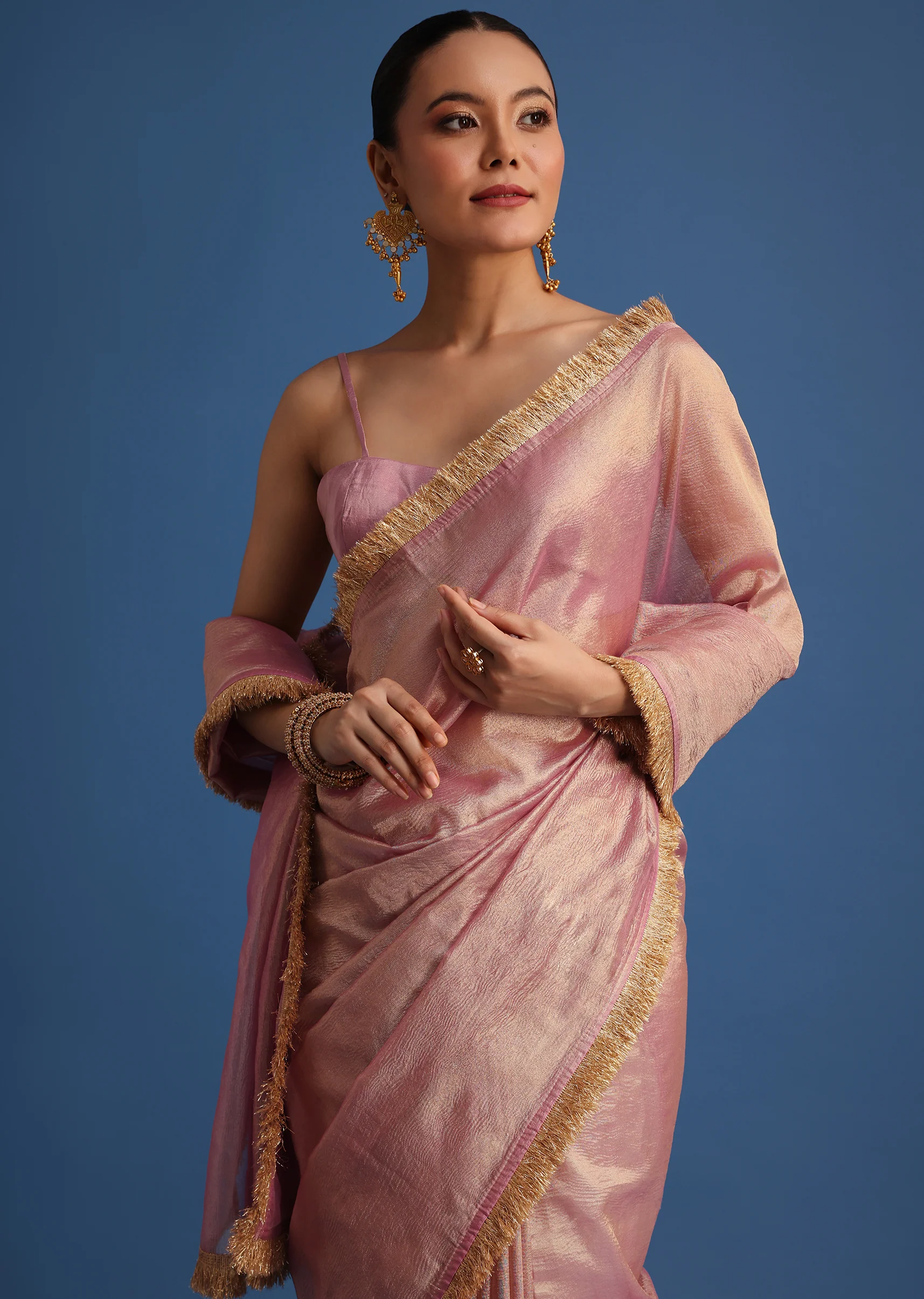 Lavender Tissue Silk Saree With Zari Frill Lace Border - Image 5