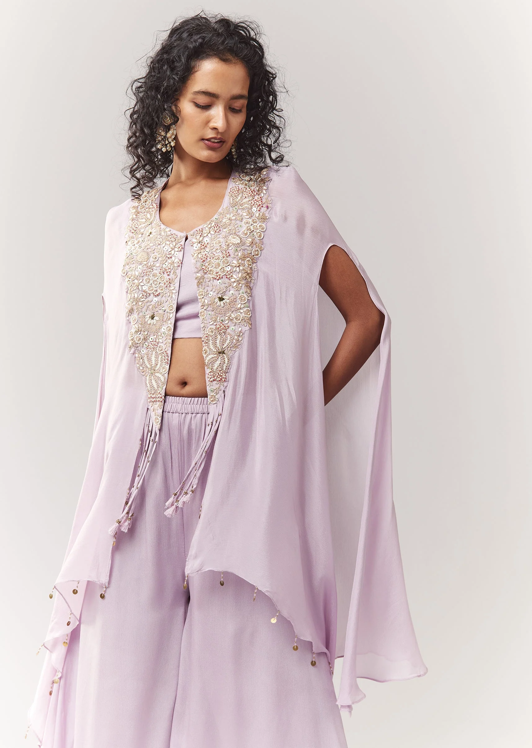 Lavender Zardosi And Moti Work Cape Set With Palazzo - Image 4