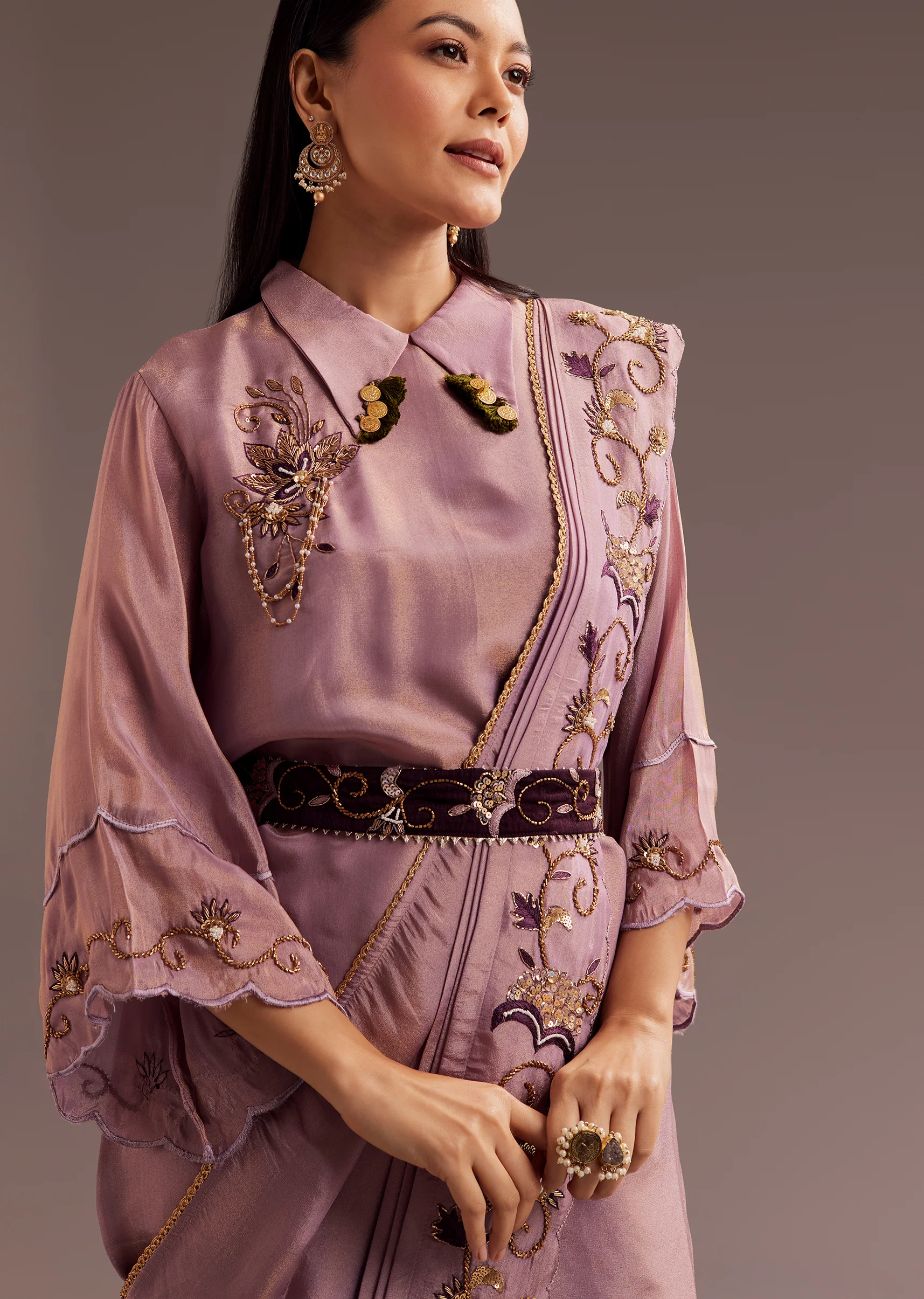 Lavender Zardosi Kurta With Embroidered Dupatta Belt - Image 2