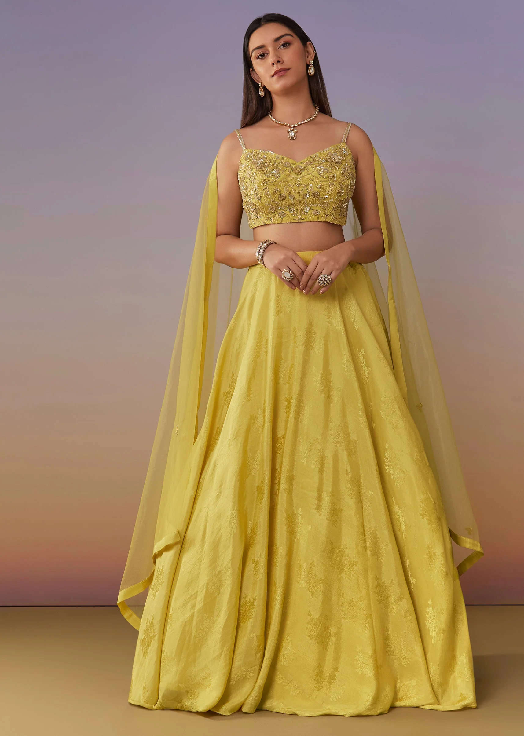 Lemon Yellow Banarasi Lehenga Set With Sequin And Lace Detailing