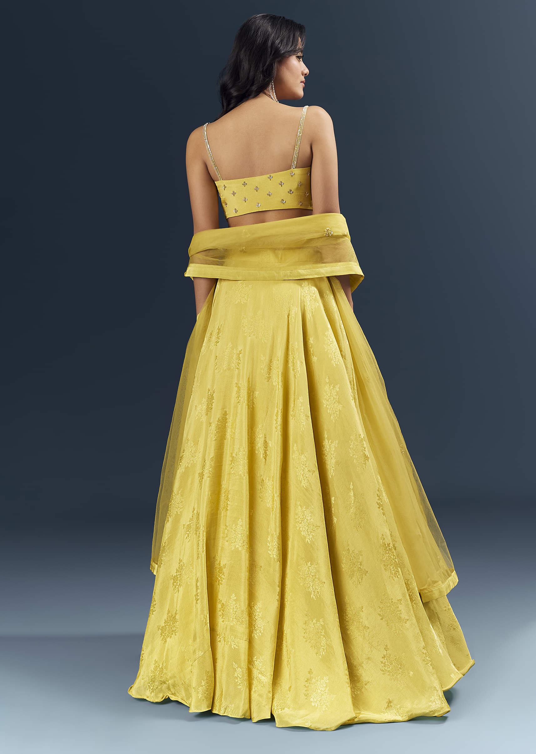 Lemon Yellow Banarasi Silk Bridesmaid Lehenga With Heavy Hand Embroidery - Image 2