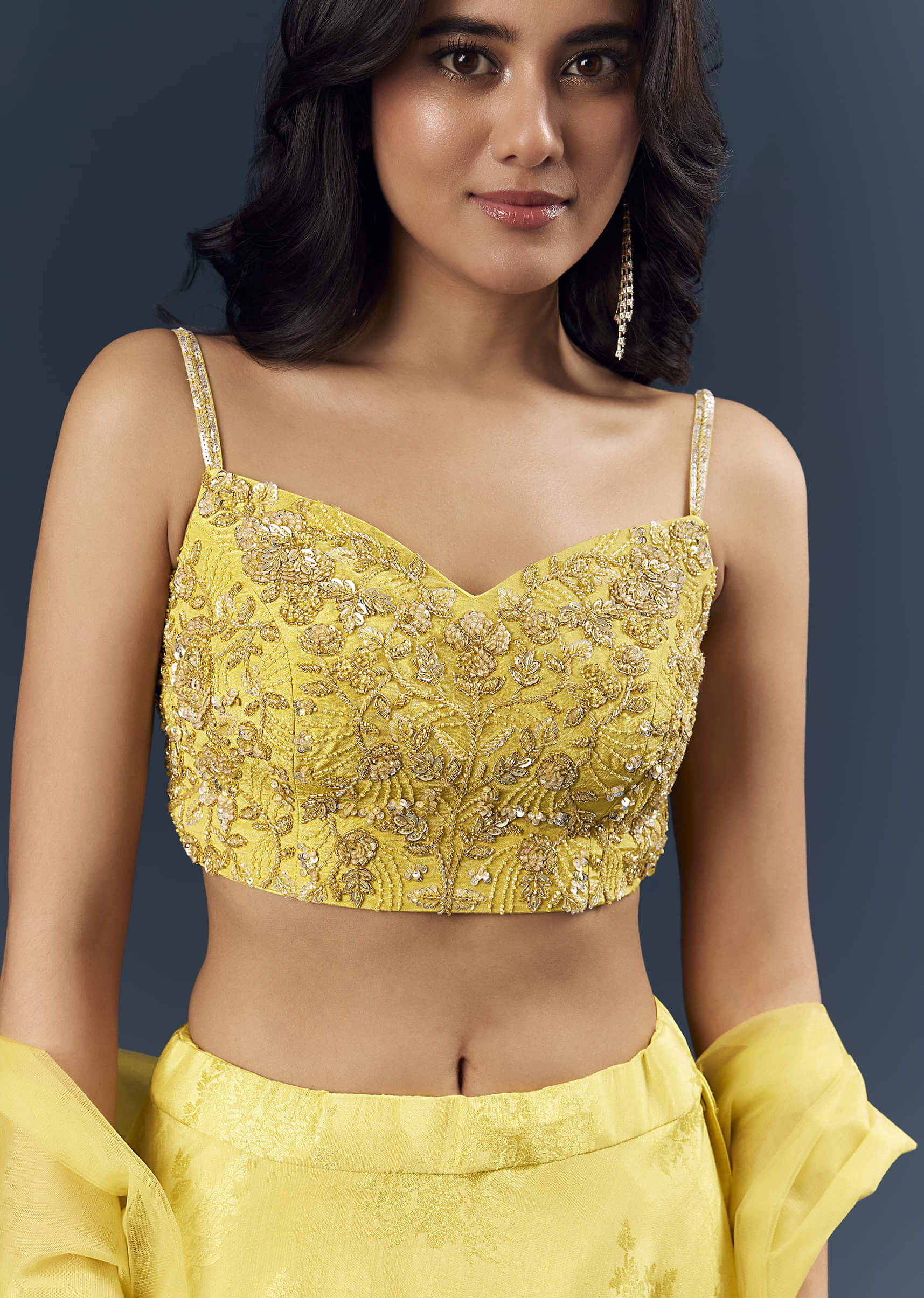 Lemon Yellow Banarasi Silk Bridesmaid Lehenga With Heavy Hand Embroidery - Image 3