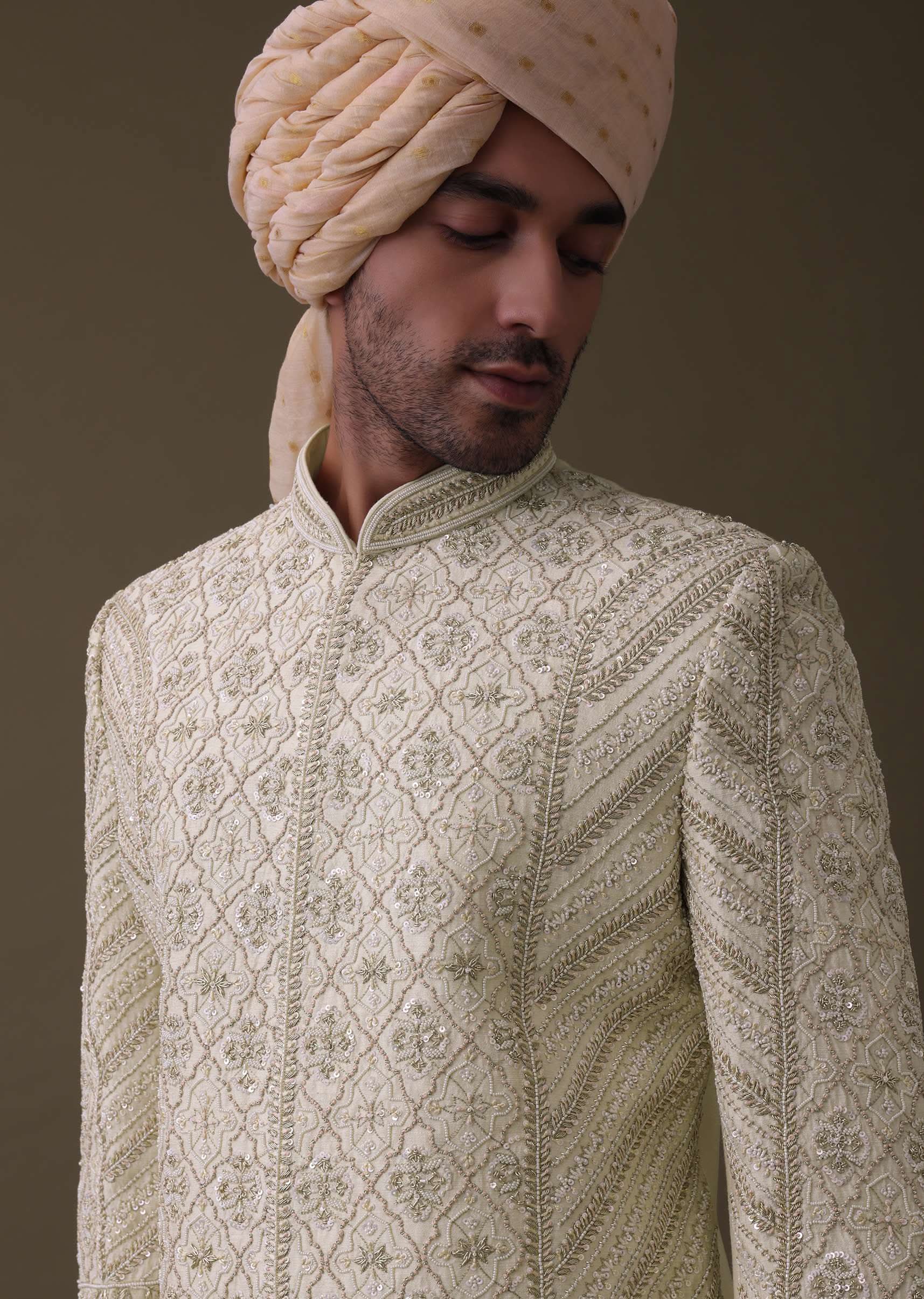 Lemon Yellow Embroidered Sherwani Set In Silk With Mala And Anarkali Line Kurta - Image 2