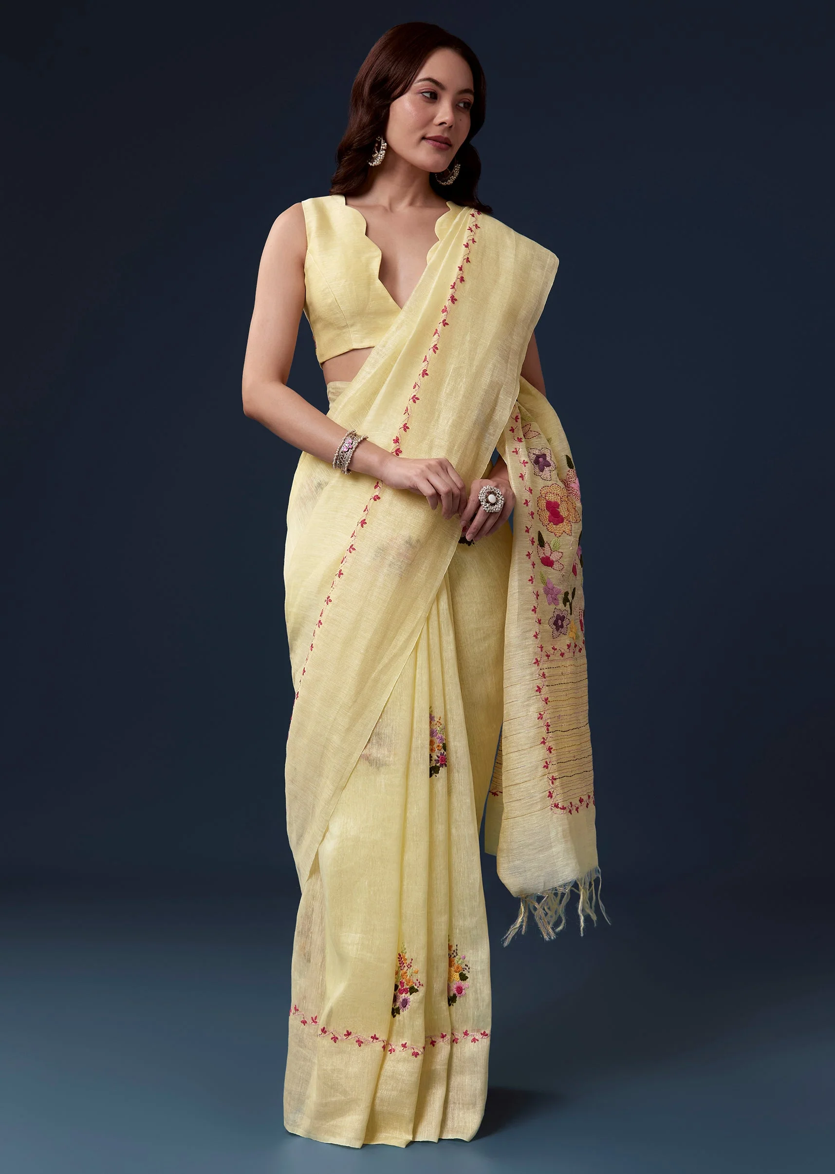 Lemon Yellow Linen Saree With Resham Thread Floral Embroidery