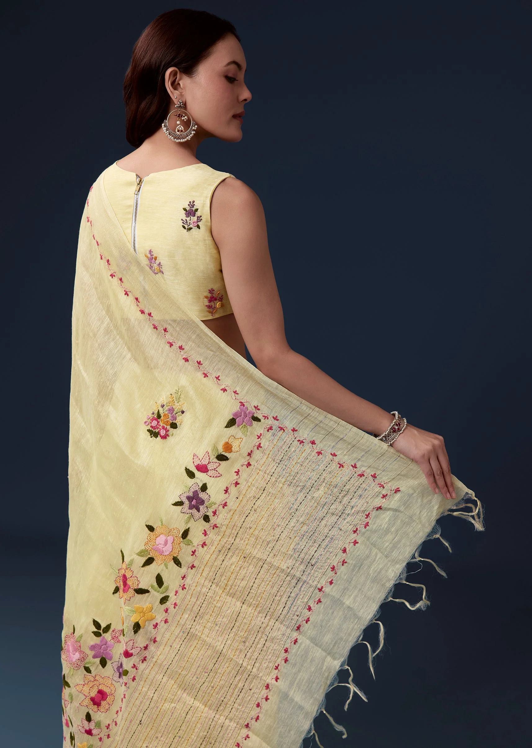 Lemon Yellow Linen Saree With Resham Thread Floral Embroidery - Image 6