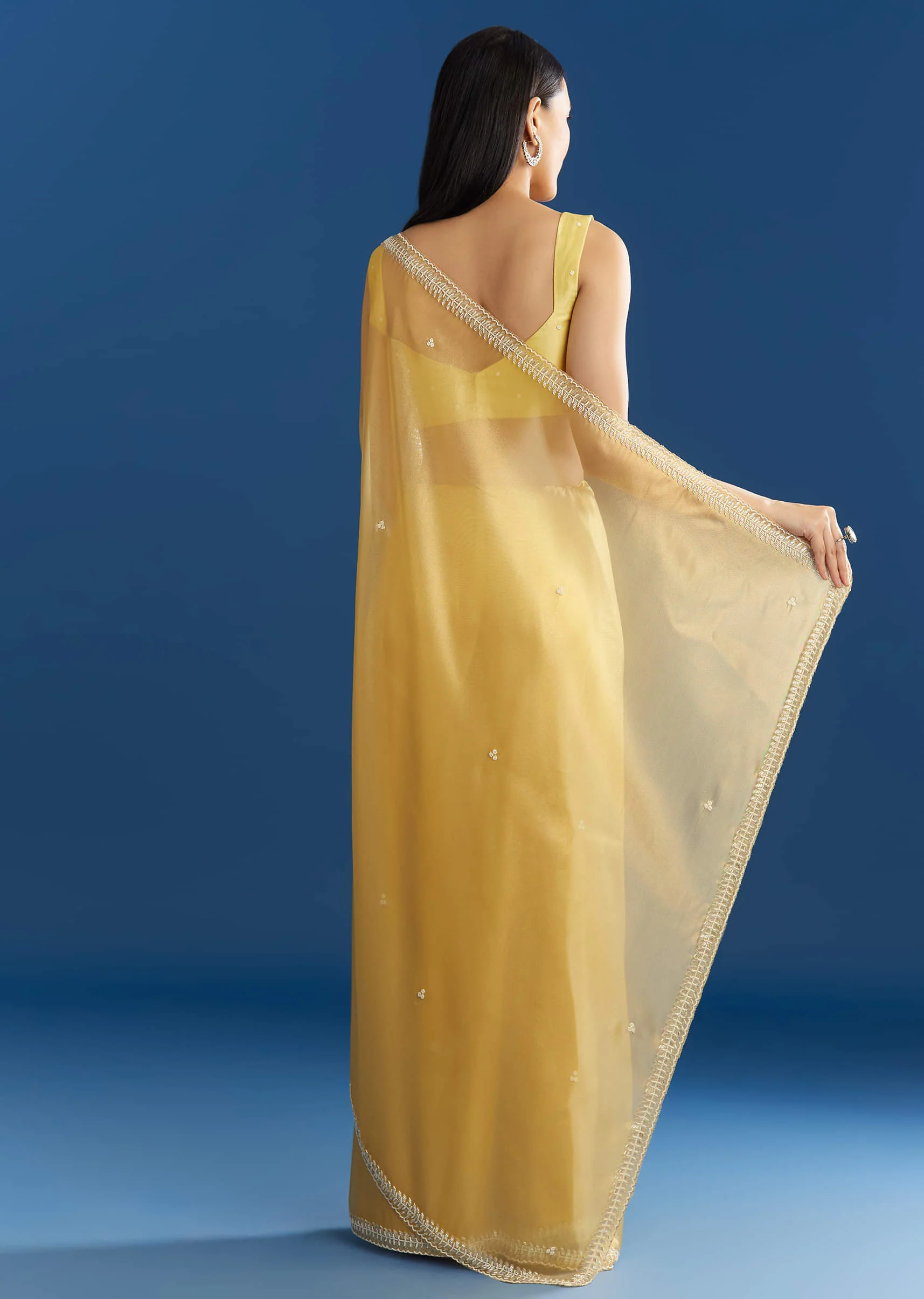 Lemon Yellow Organza Tissue Saree With Beaded Border - Image 6