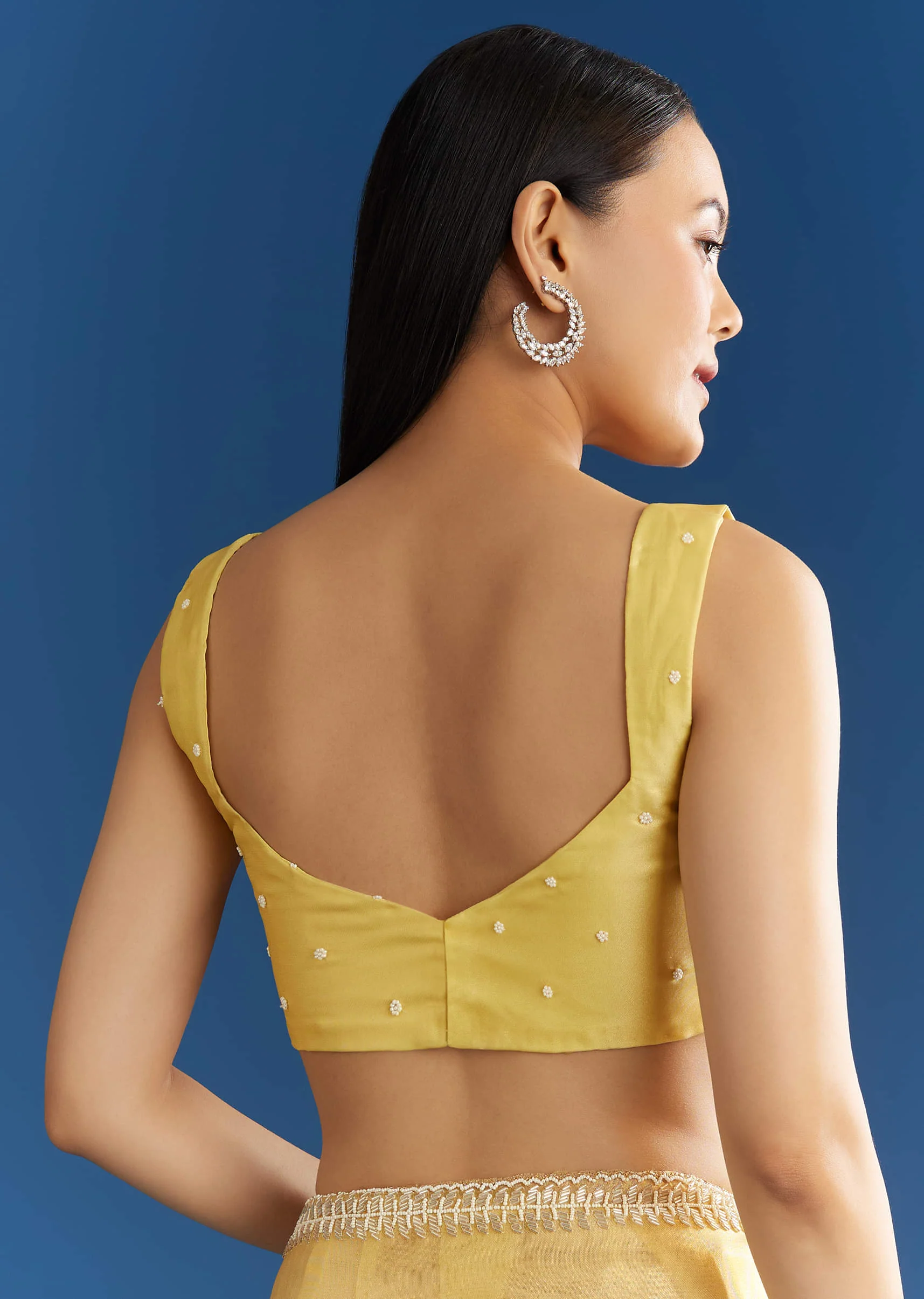 Lemon Yellow Organza Tissue Saree With Beaded Border - Image 8
